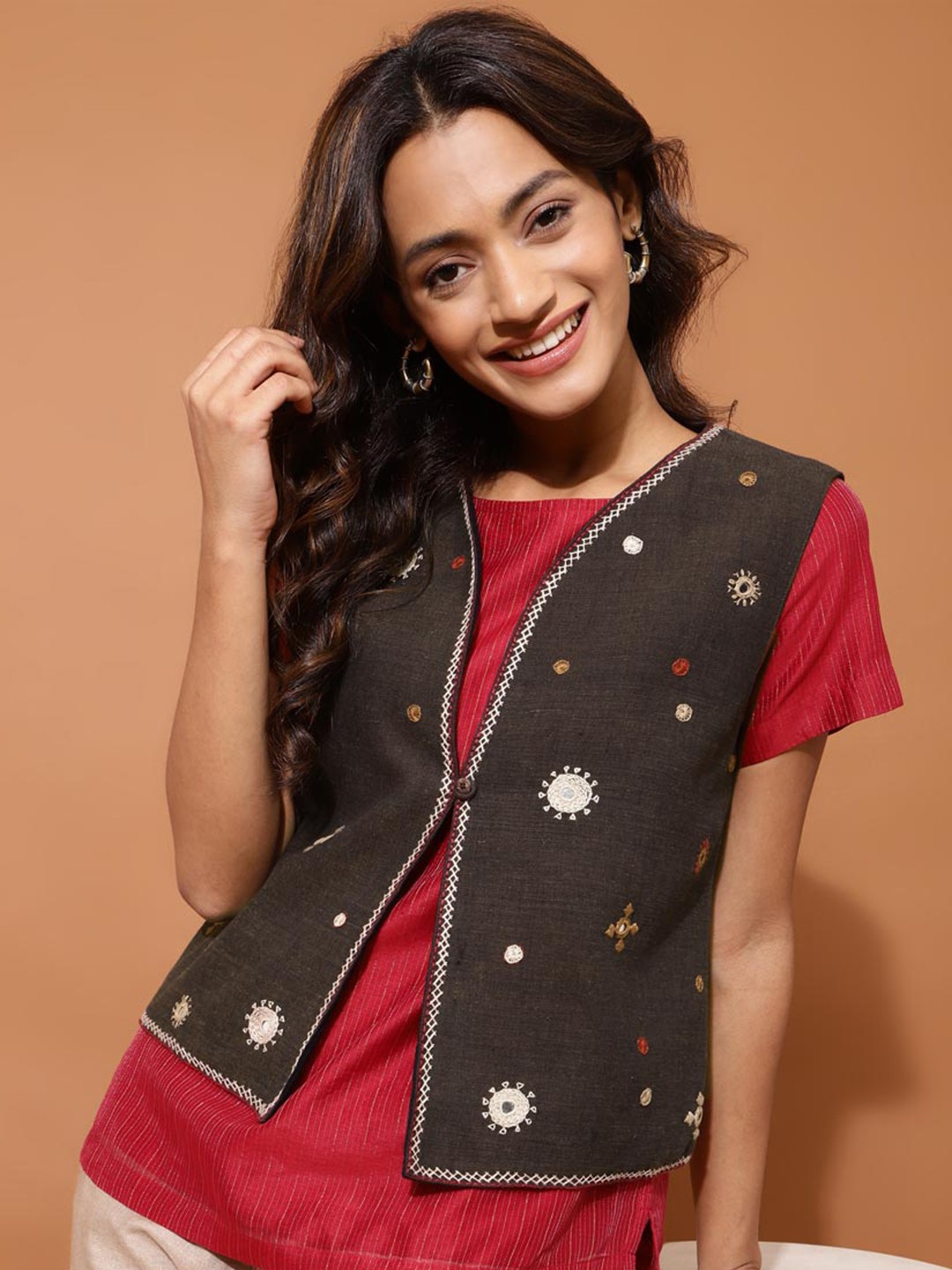 

Fabindia Embroidered Cotton Tailored Jacket, Brown