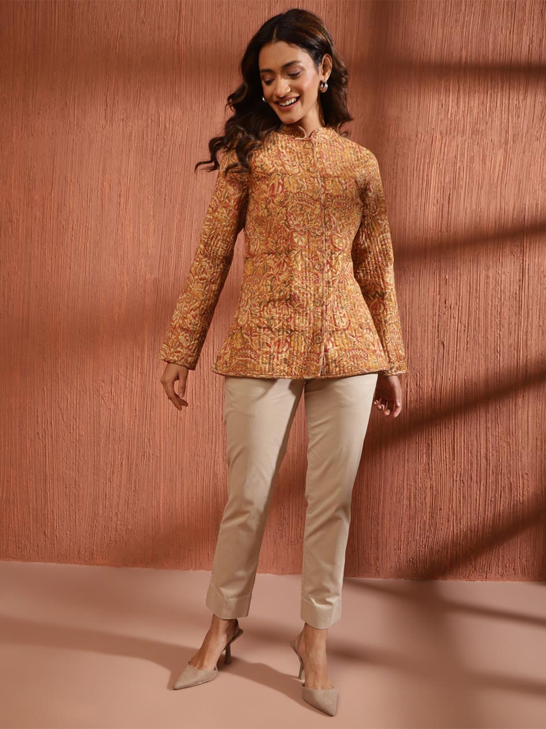 

Fabindia Floral Printed Mandarin Collar Cotton Tailored Jacket, Mustard