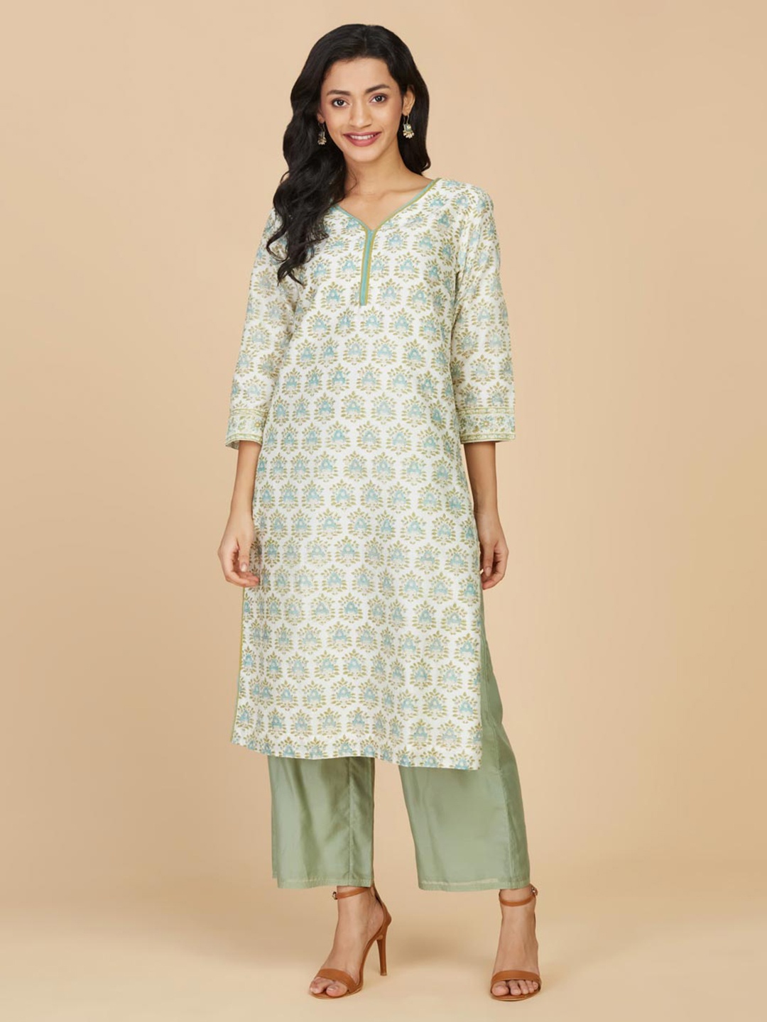 

Fabindia Paisley Printed Cotton Silk Straight Kurta, White