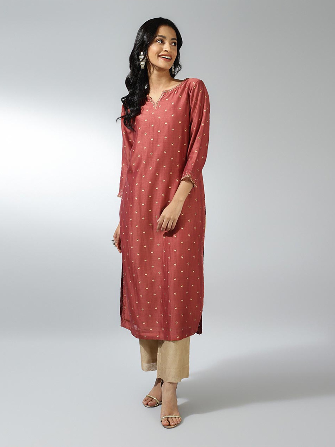 

Fabindia Ethnic Motifs Printed Notch Neck Straight Kurta, Rust