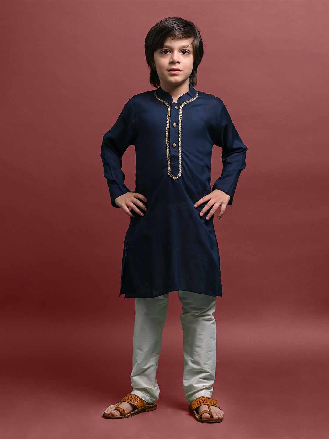 

VESHAM Boys Mandarin Collar Straight Kurta, Blue