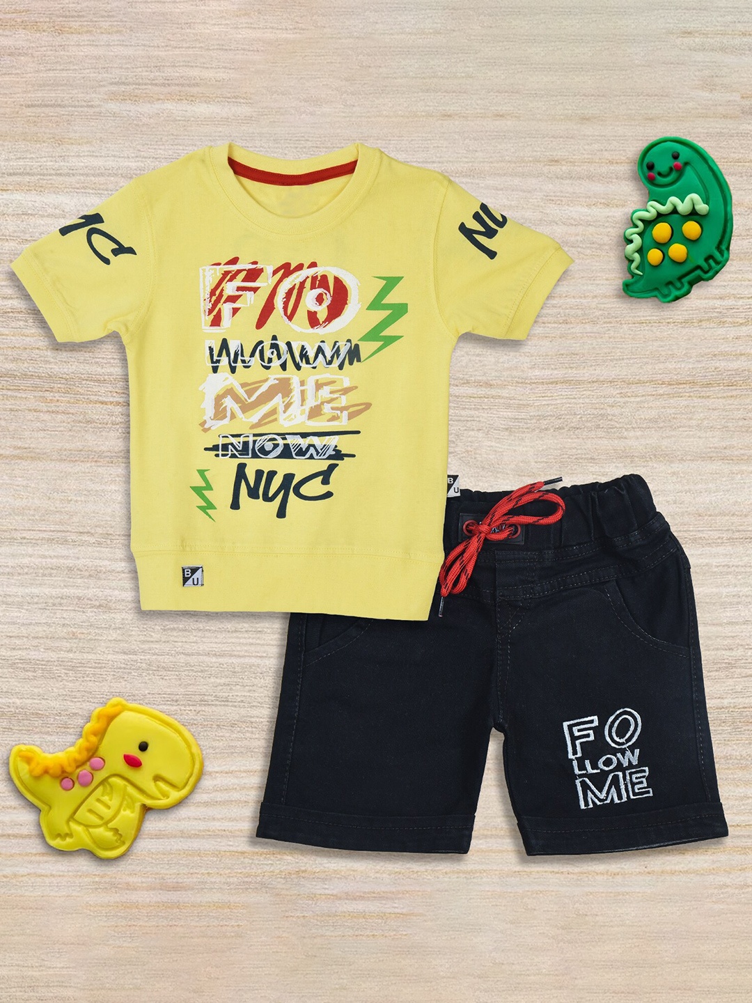 

BAESD Boys Printed Pure Cotton T-shirt With Denim Shorts, Yellow