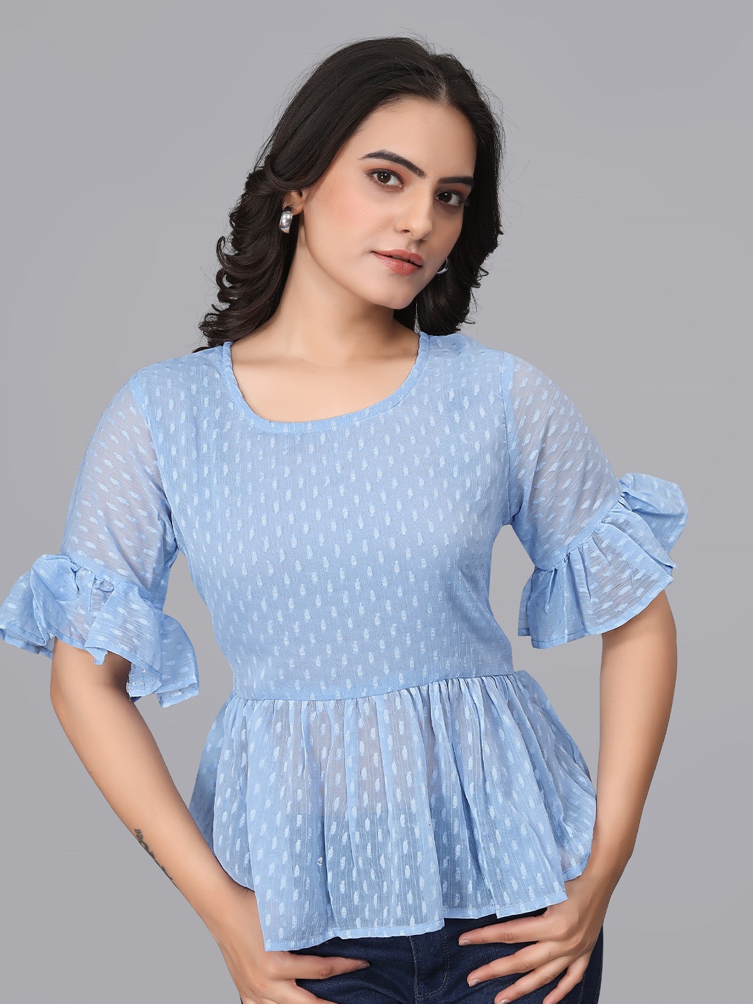 

OWO THE LABEL Self Design Bell Sleeve Ruffles Chiffon Peplum Top, Blue