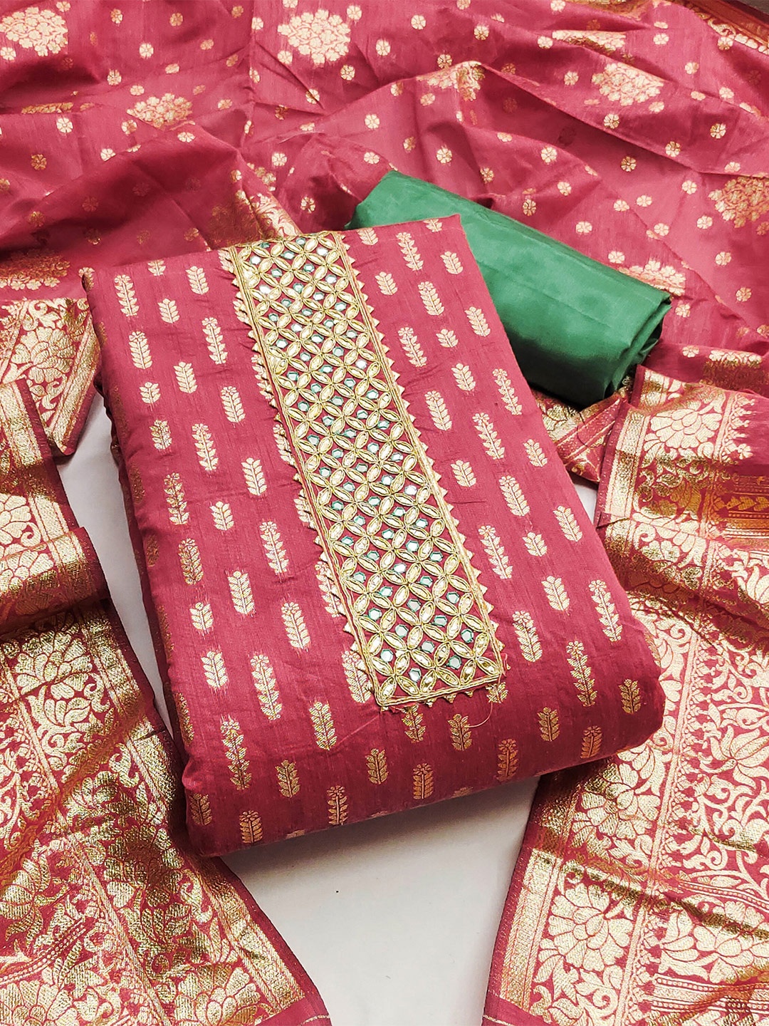 

KALINI Ethnic Motifs Woven Design Mirror Work Banarasi Jacquard Unstitched Dress Material, Pink