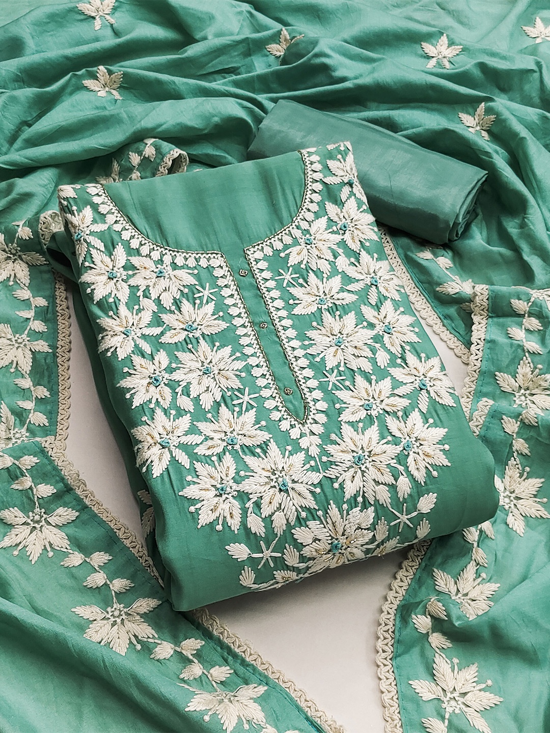 

KALINI Floral Embroidered Pure Silk Unstitched Dress Material, Sea green