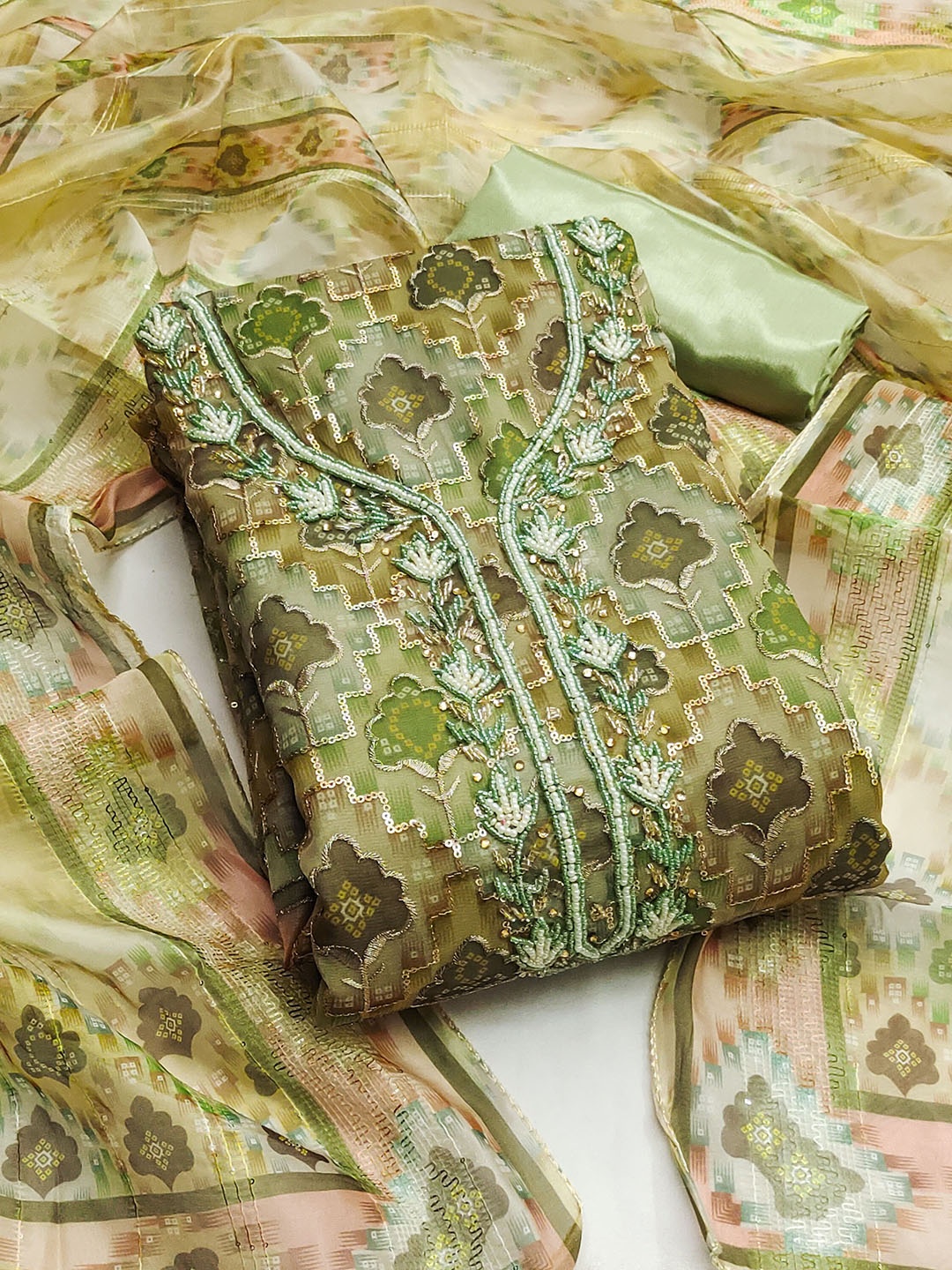 

KALINI Floral Embroidered Organza Unstitched Dress Material, Green