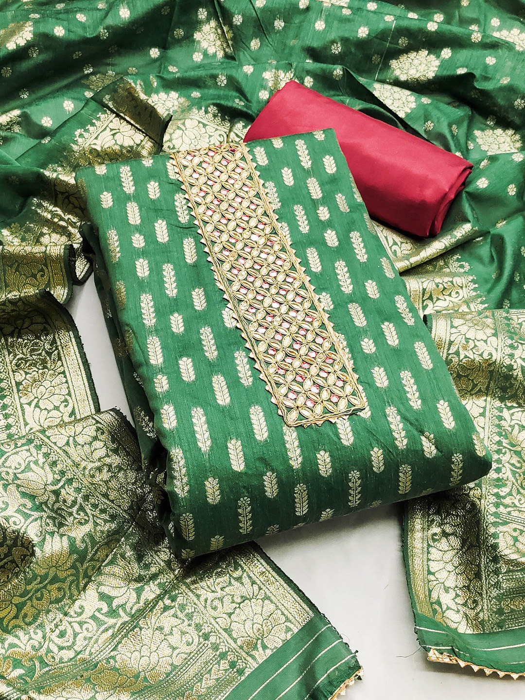 

KALINI Ethnic Motifs Woven Design Gotta Patti Detail Unstitched Dress Material, Green