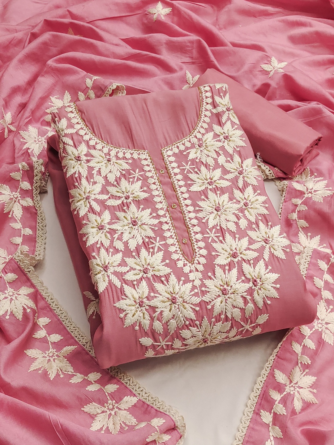 

KALINI Floral Embroidered Unstitched Dress Material, Pink