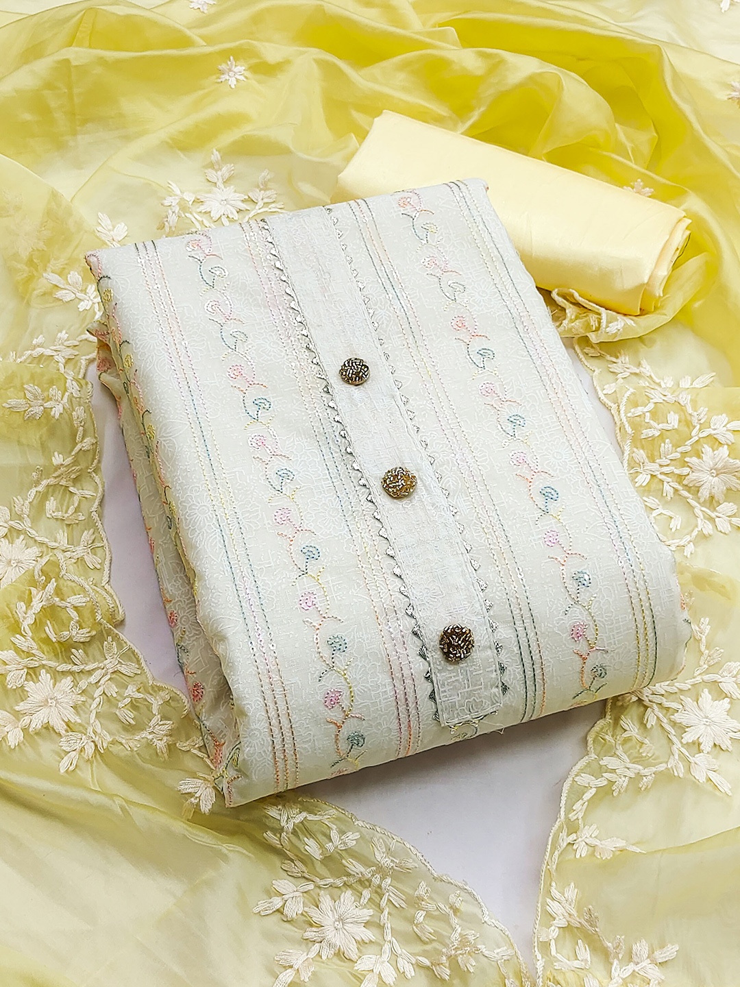 

KALINI Floral Embroidered Unstitched Dress Material, Off white