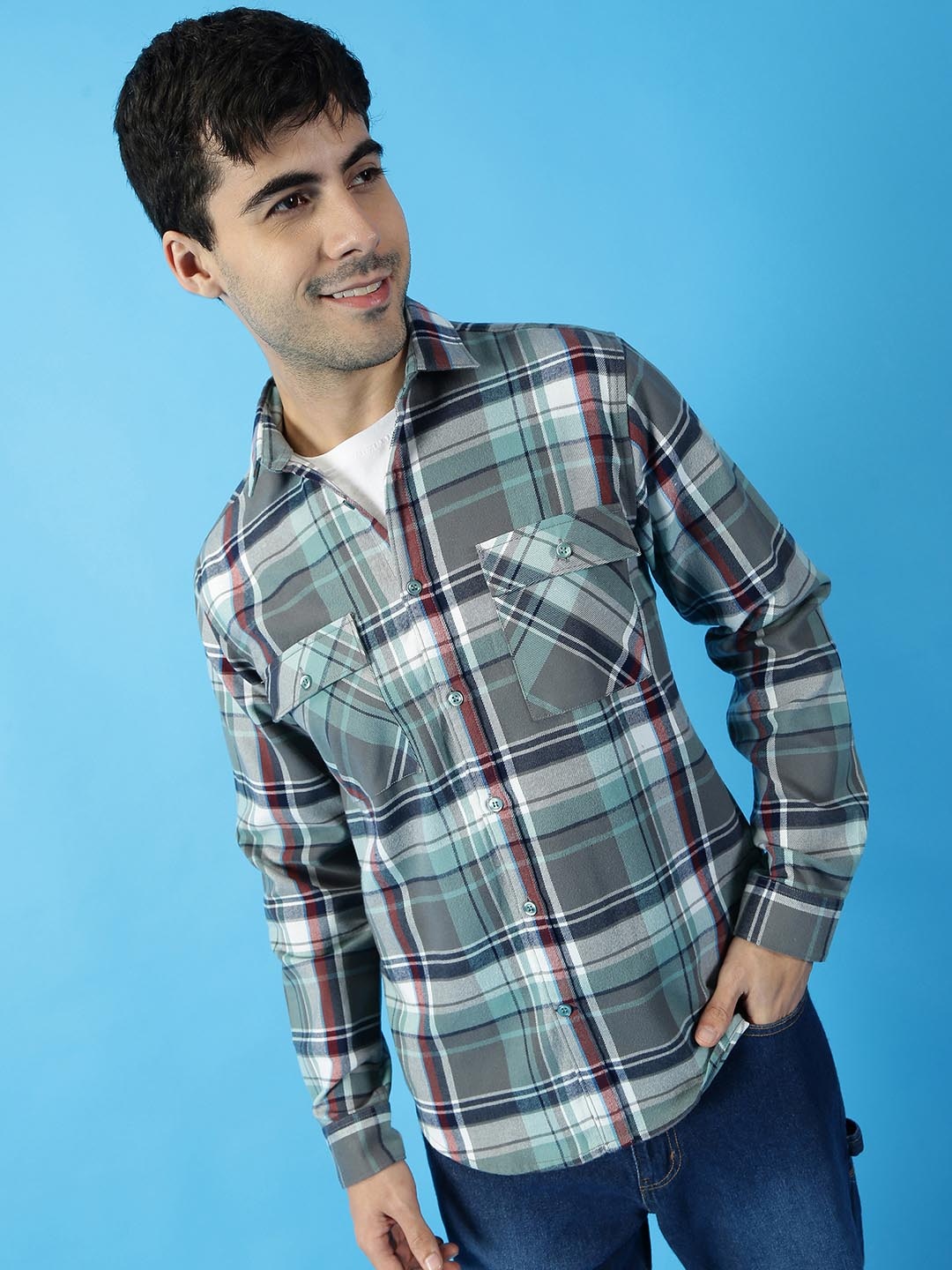 

Mast & Harbour Tartan Checked Spread Collar Casual Shirt, Blue