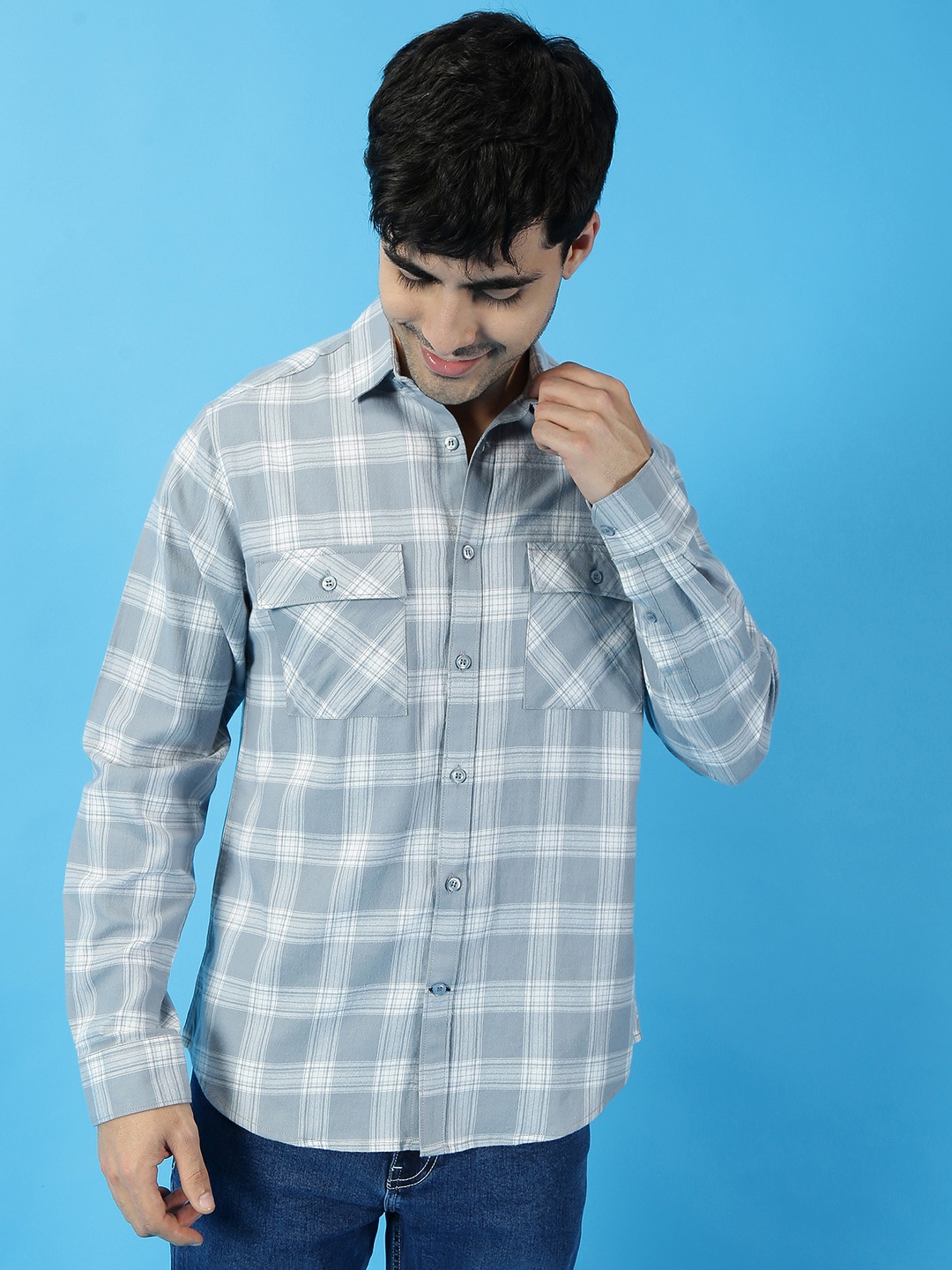 

Mast & Harbour Spread Collar Checked Casual Pure Cotton Shirt, Grey