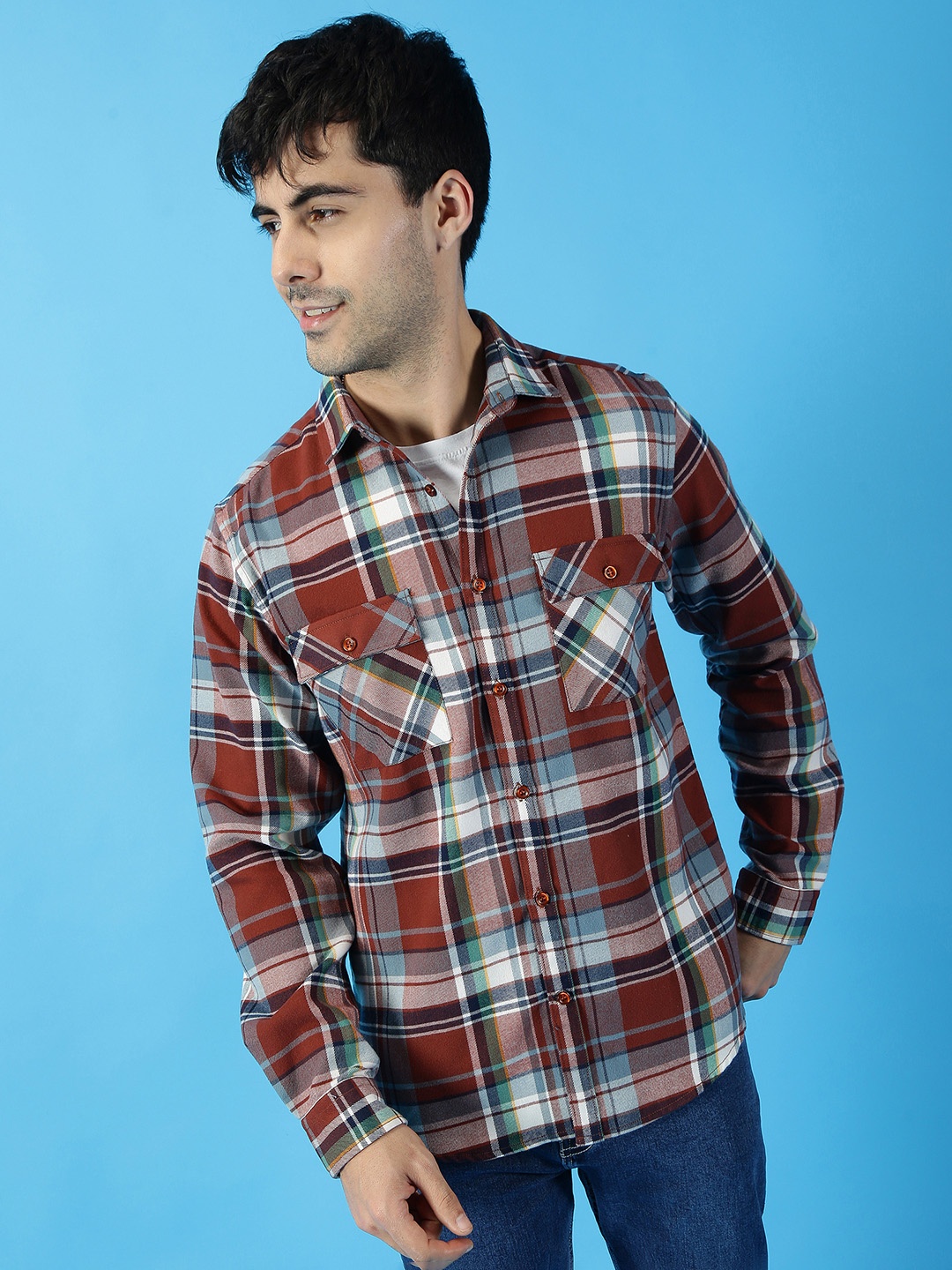 

Mast & Harbour Spread Collar Tartan Checked Casual Shirt, Camel brown