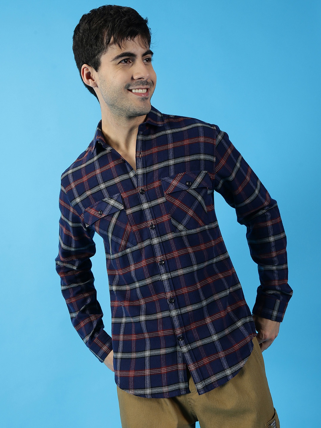 

Mast & Harbour Spread Collar Checked Casual Pure Cotton Shirt, Navy blue