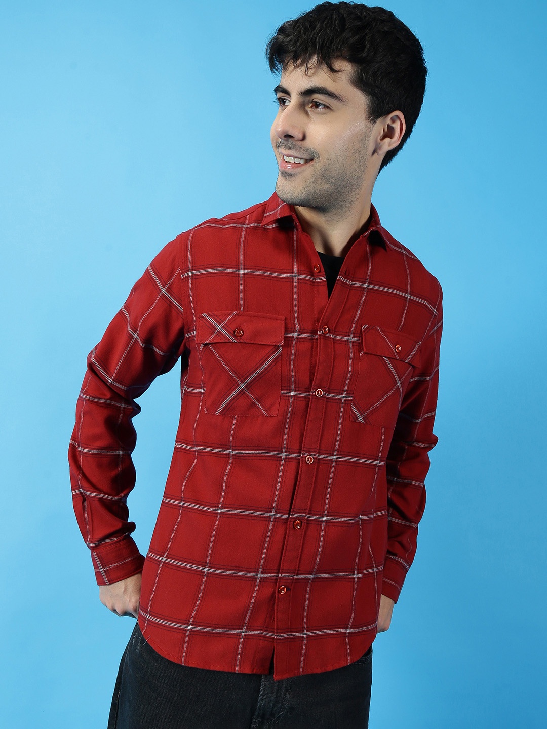 

Mast & Harbour Spread Collar Checked Casual Pure Cotton Shirt, Red