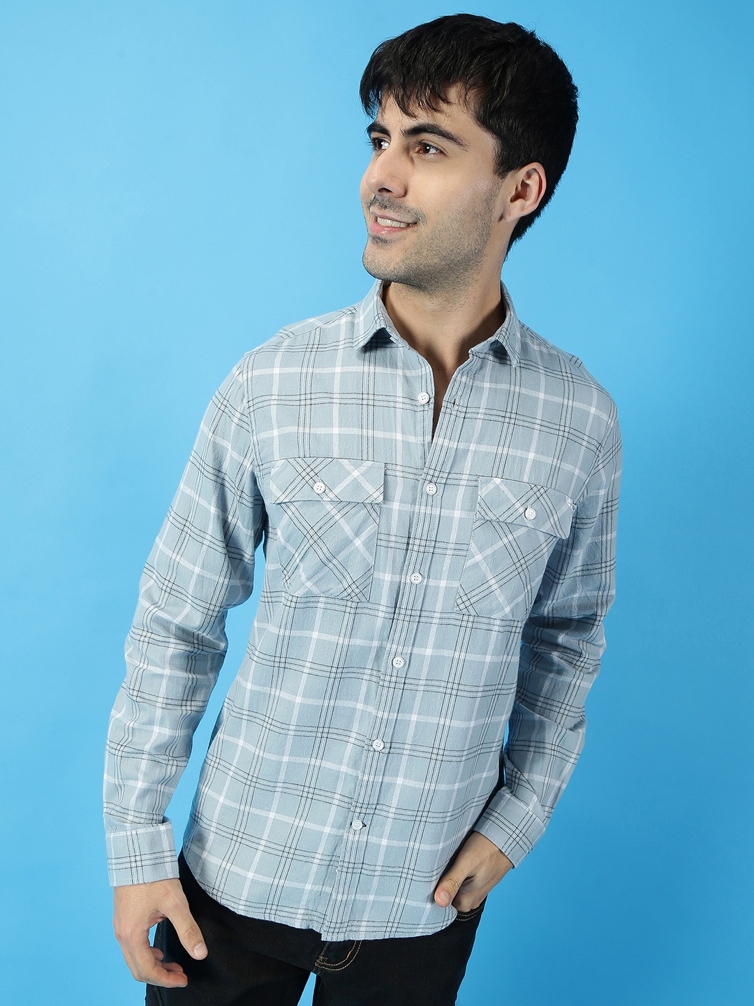 

Mast & Harbour Spread Collar Checked Casual Pure Cotton Shirt, Grey