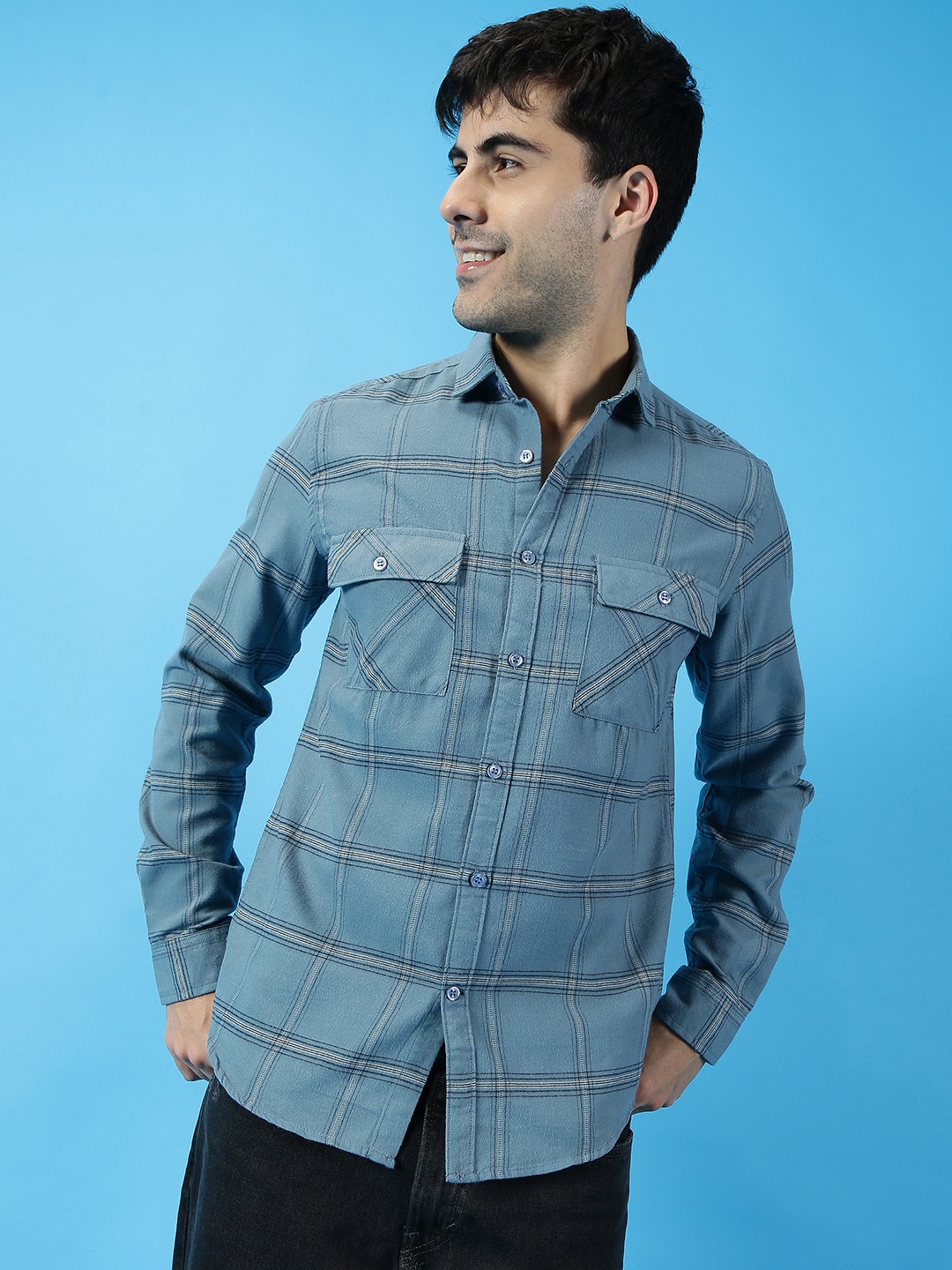 

Mast & Harbour Spread Collar Checked Casual Pure Cotton Shirt, Blue