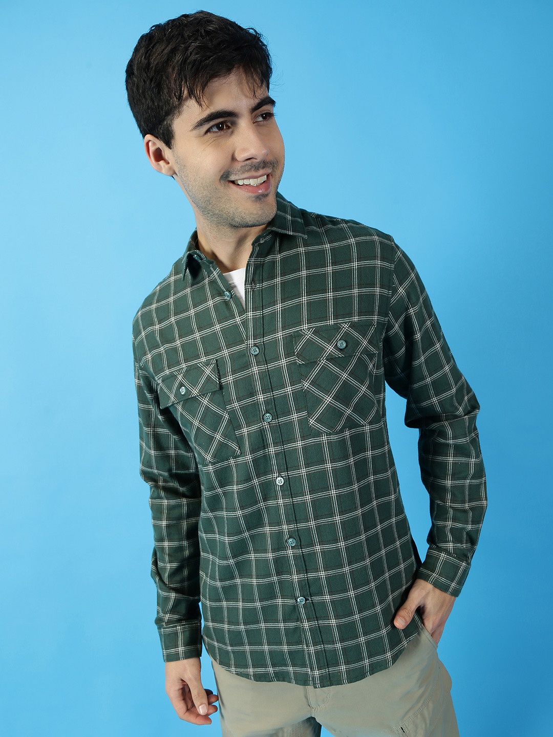 

Mast & Harbour Green Tartan Checked Pure Cotton Casual Shirt