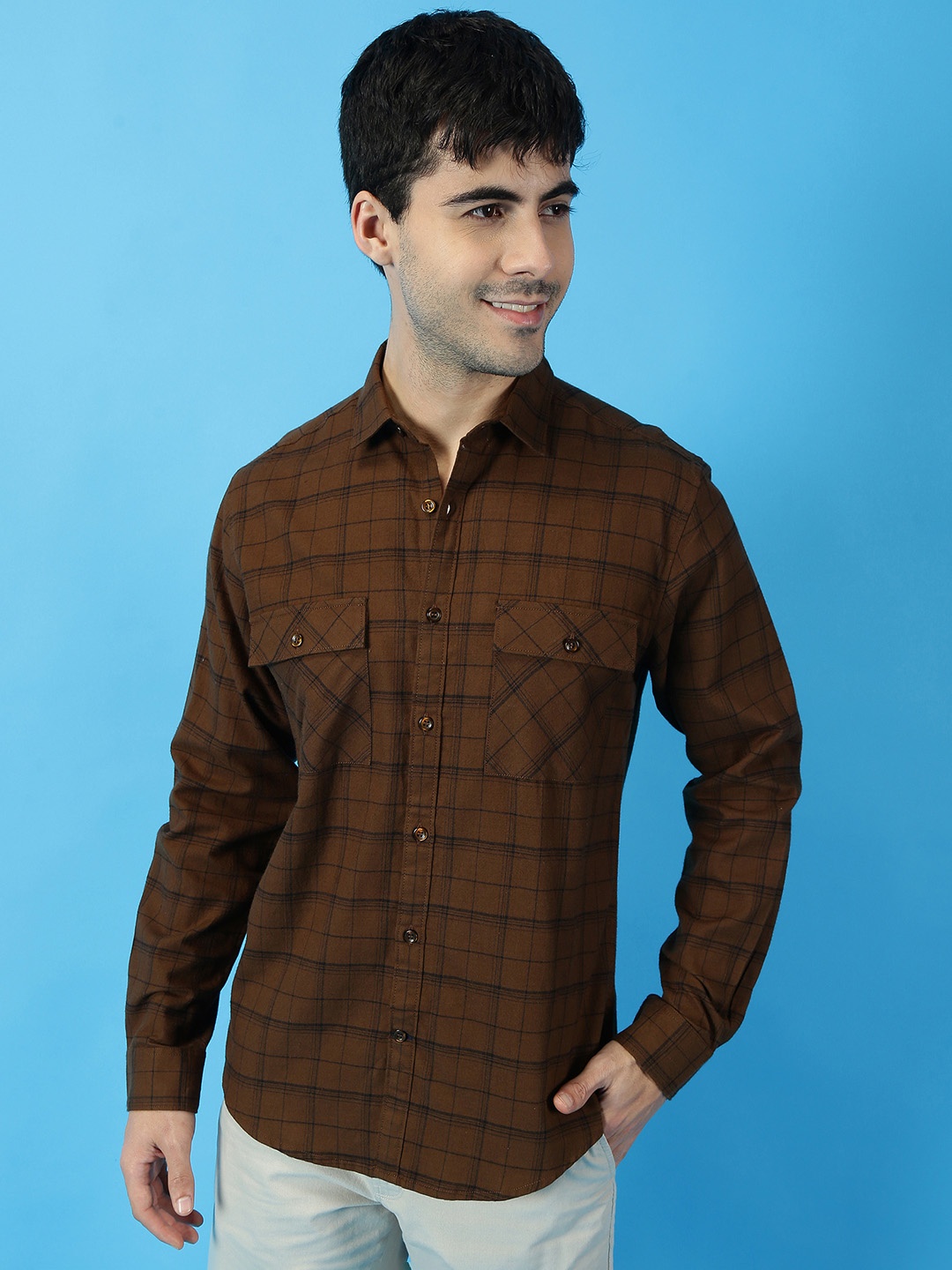 

Mast & Harbour Brown Tartan Checked Pure Cotton Casual Shirt, Camel brown