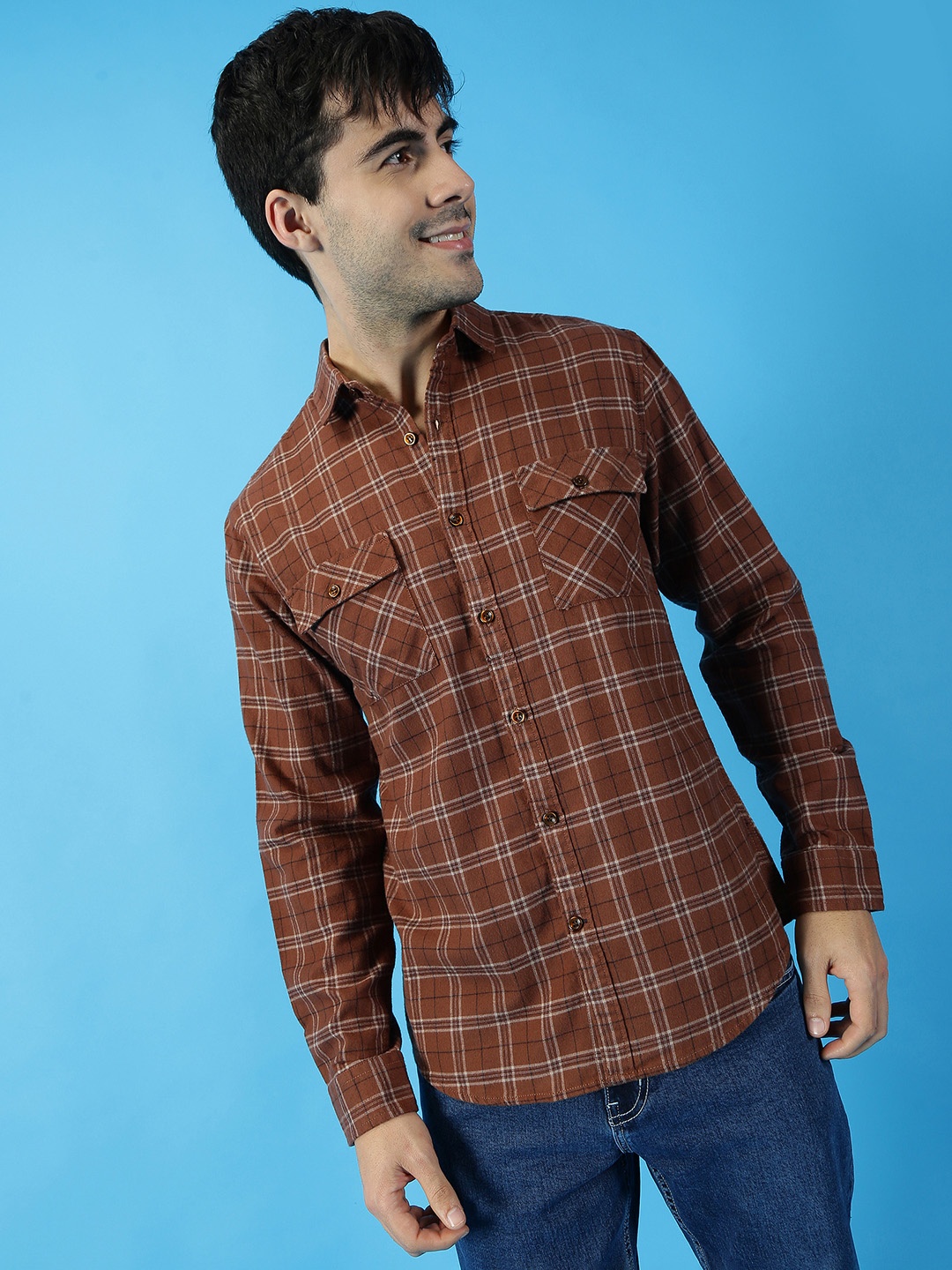 

Mast & Harbour Brown Tartan Checked Pure Cotton Casual Shirt, Camel brown