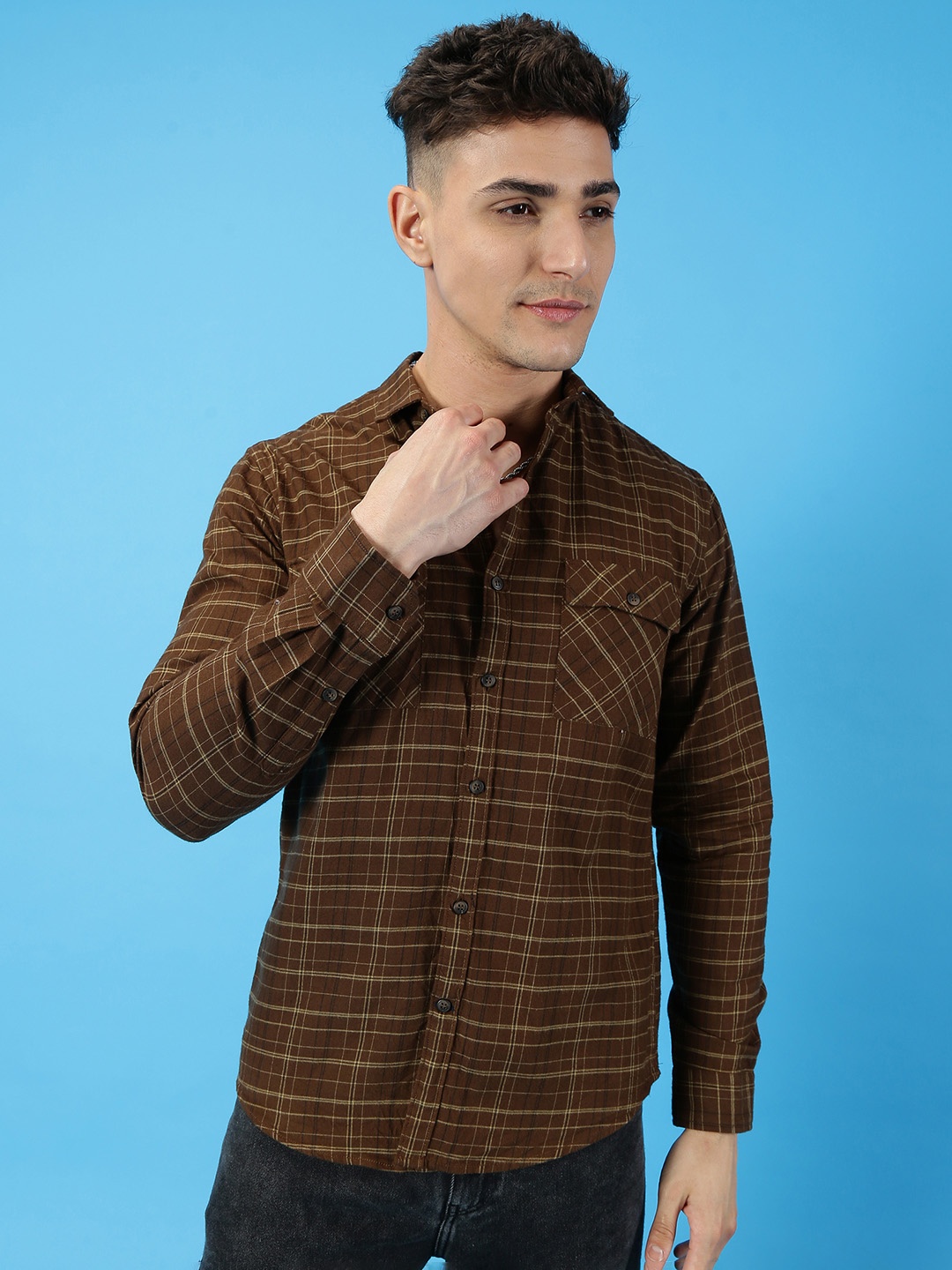 

Mast & Harbour Brow Tartan Checked Pure Cotton Casual Shirt, Camel brown