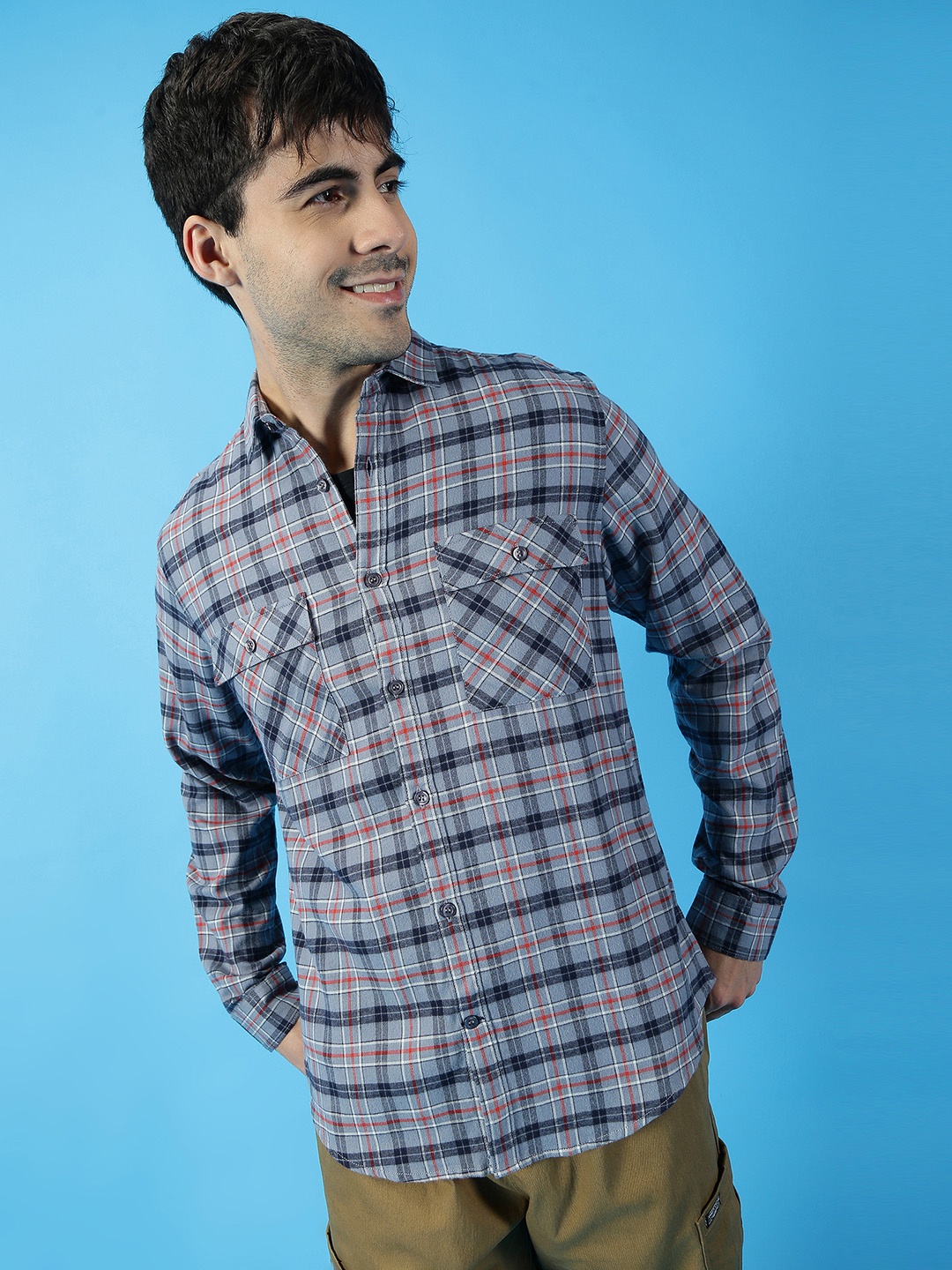 

Mast & Harbour Grey Tartan Checked Pure Cotton Casual Shirt