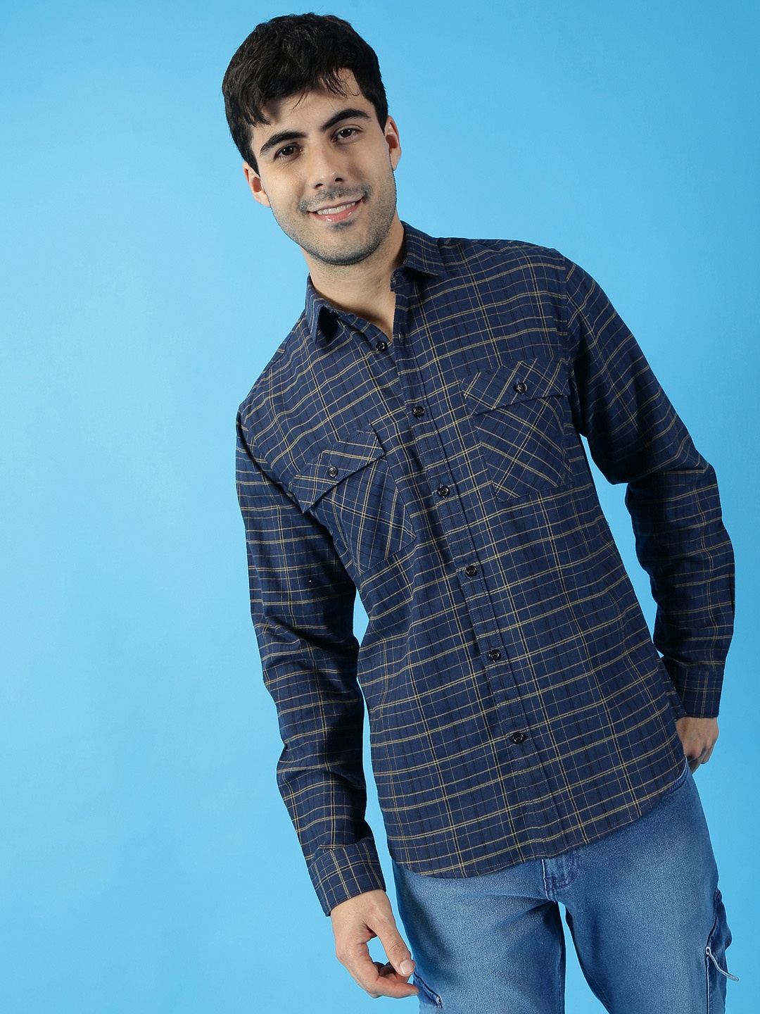 

Mast & Harbour Blue Tartan Checked Pure Cotton Casual Shirt