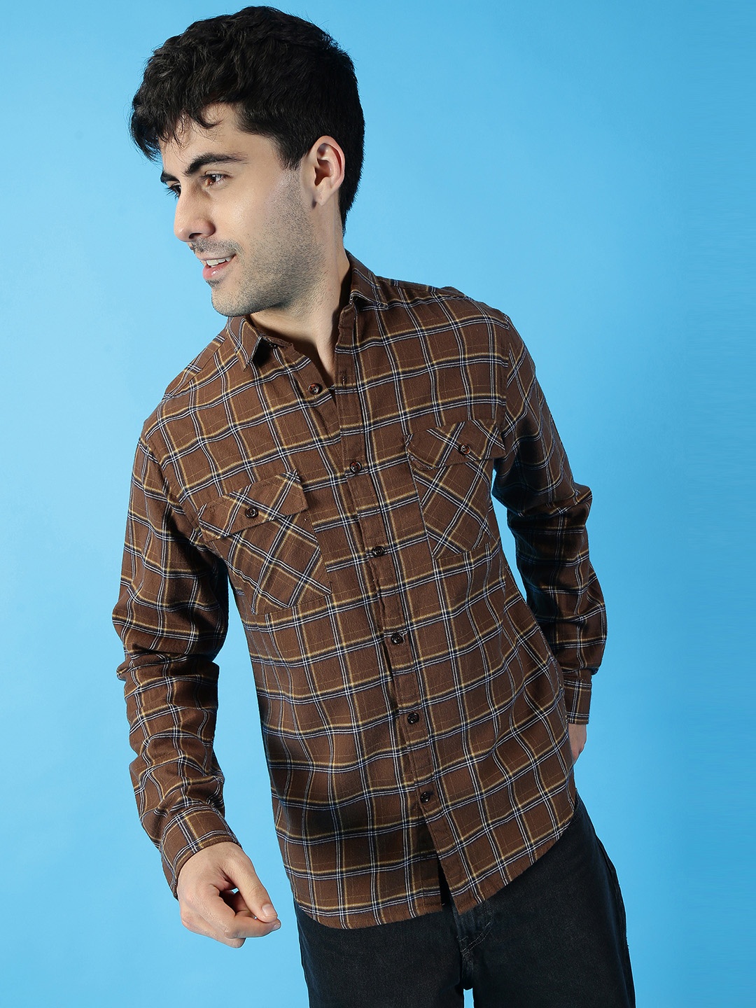 

Mast & Harbour Brown Tartan Checked Pure Cotton Casual Shirt, Camel brown