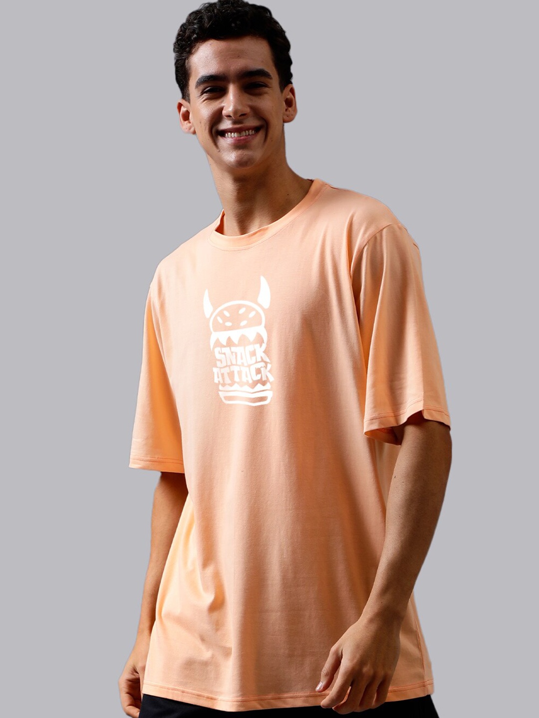 

Mad Over Print Typography Printed Cotton Oversized T-shirt, Peach