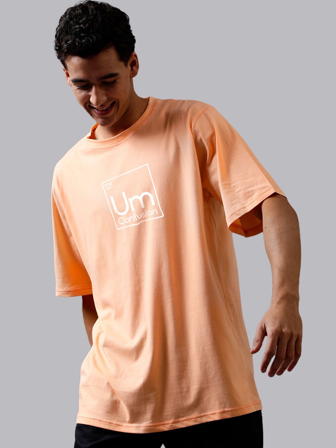 

Mad Over Print Typography Printed Cotton Oversized T-shirt, Peach