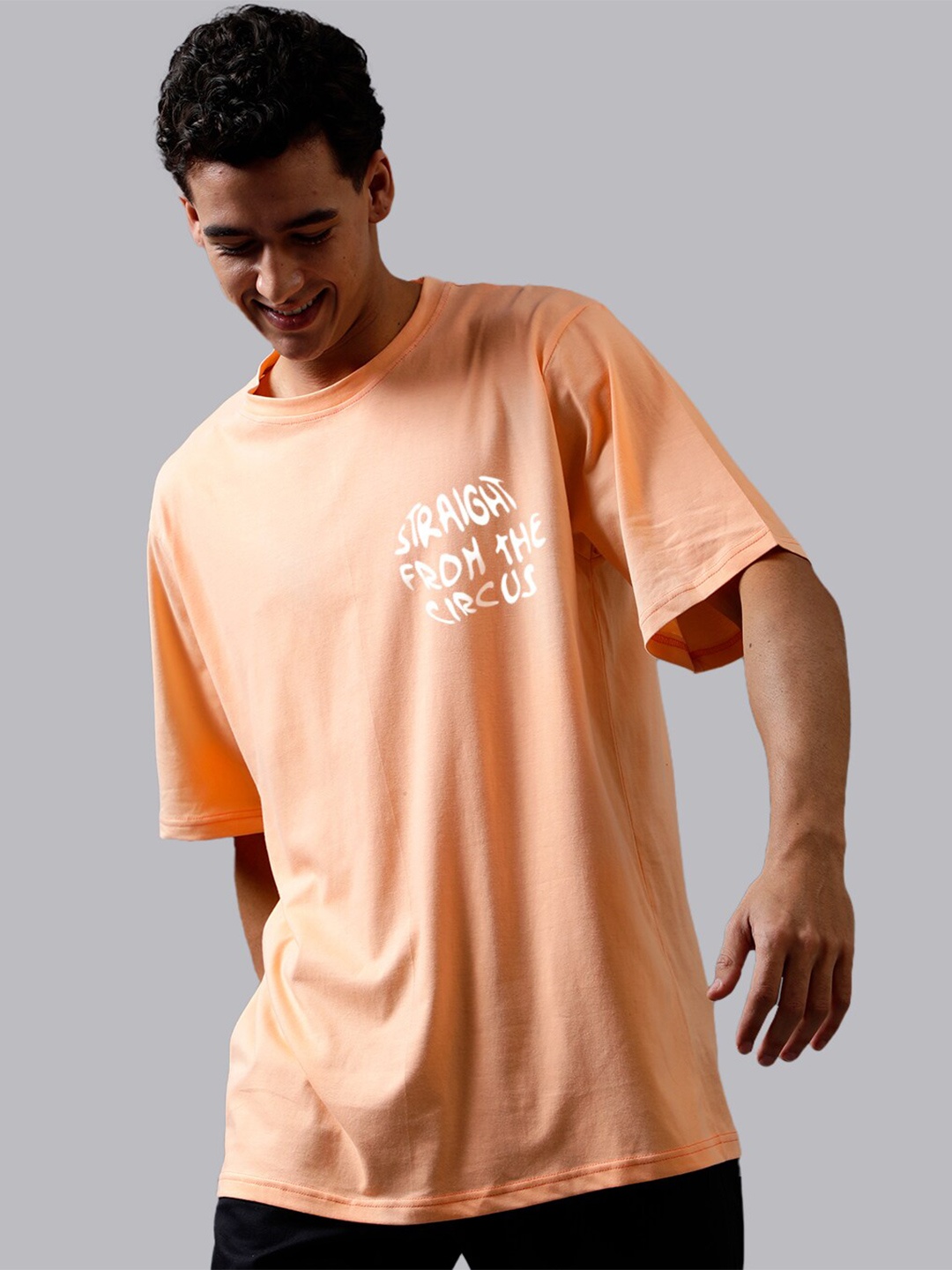 

Mad Over Print Typography Printed Cotton Oversized T-shirt, Peach