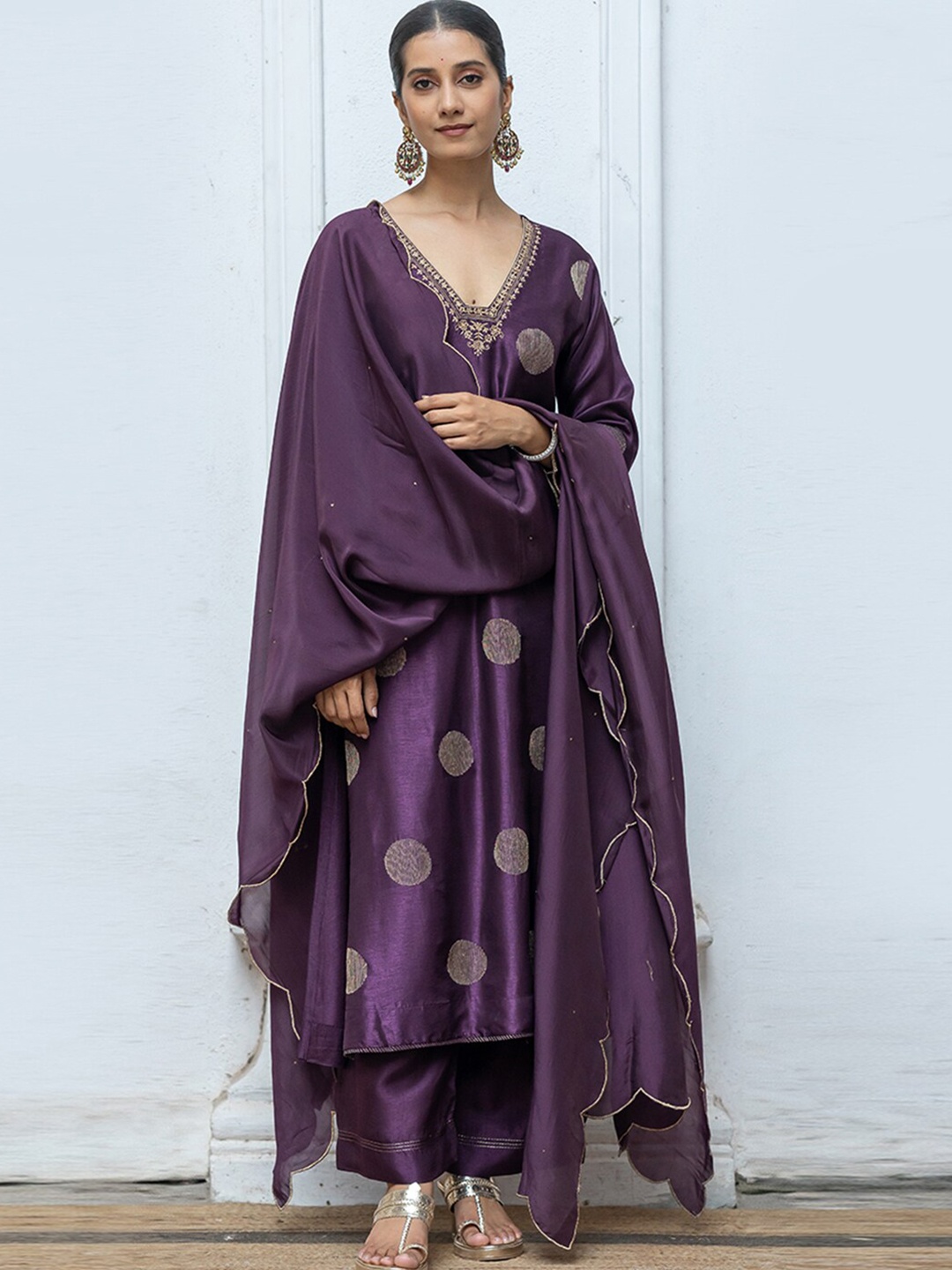 

Ganga Embroidered Raw Silk Straight Kurta With Palazzos & Dupatta, Purple