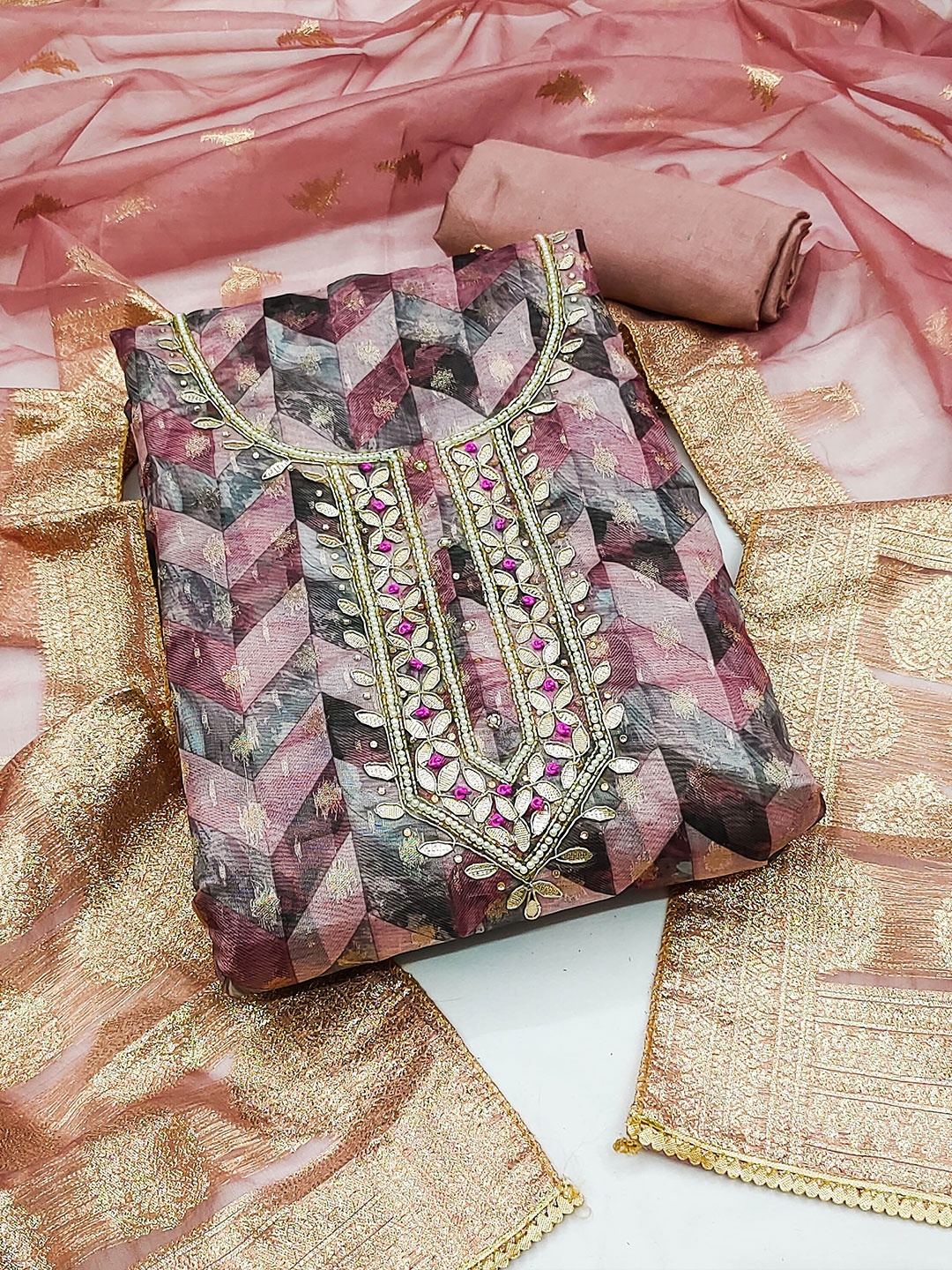 

KALINI Chevron Printed Gotta Patti Organza Banarasi Unstitched Dress Material, Mauve