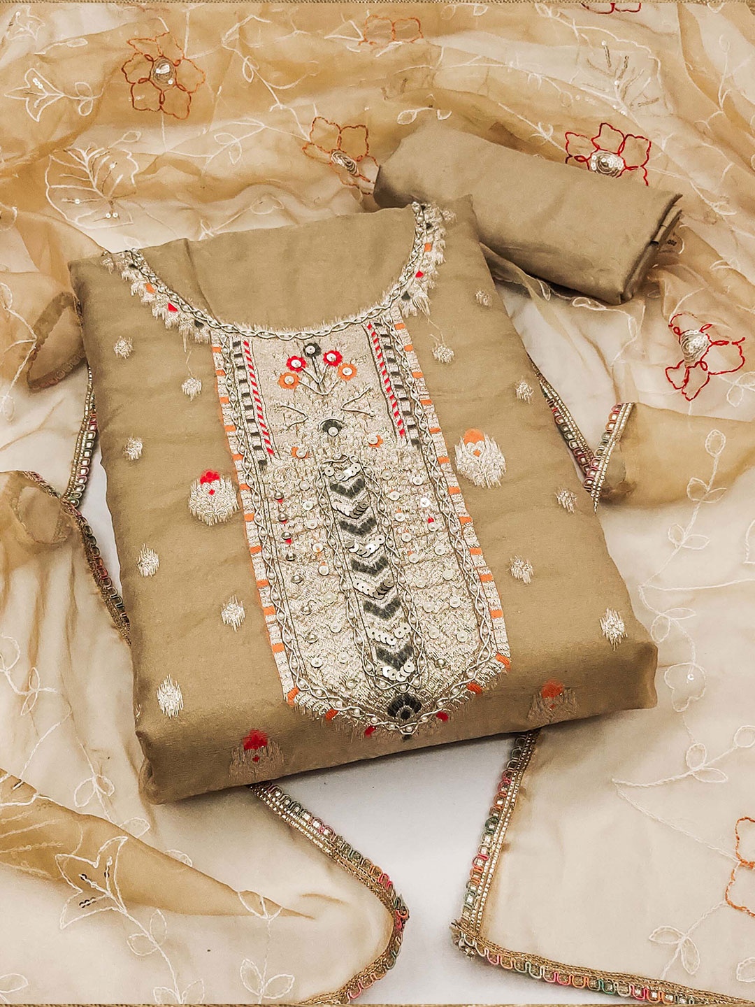 

KALINI Ethnic Motifs Woven Design Sequined Organza Unstitched Dress Material, Beige