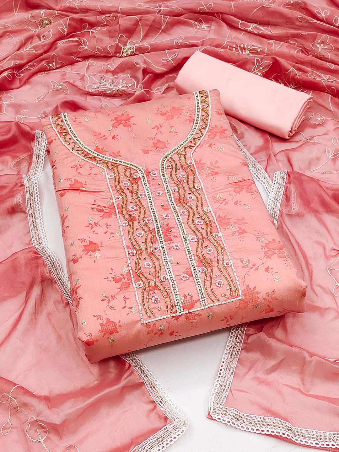 

KALINI Floral Printed Beads & Stones Unstitched Dress Material, Peach