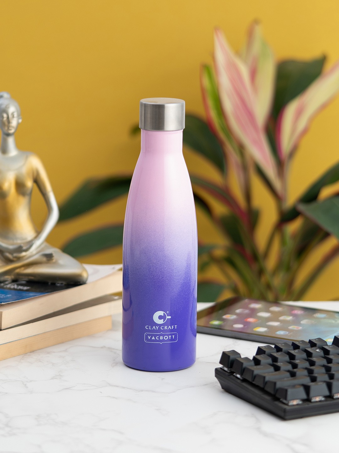 

CLAY CRAFT Purple & Silver Toned Stainless Steel Double Wall Vacuum Water Bottle 500 ML