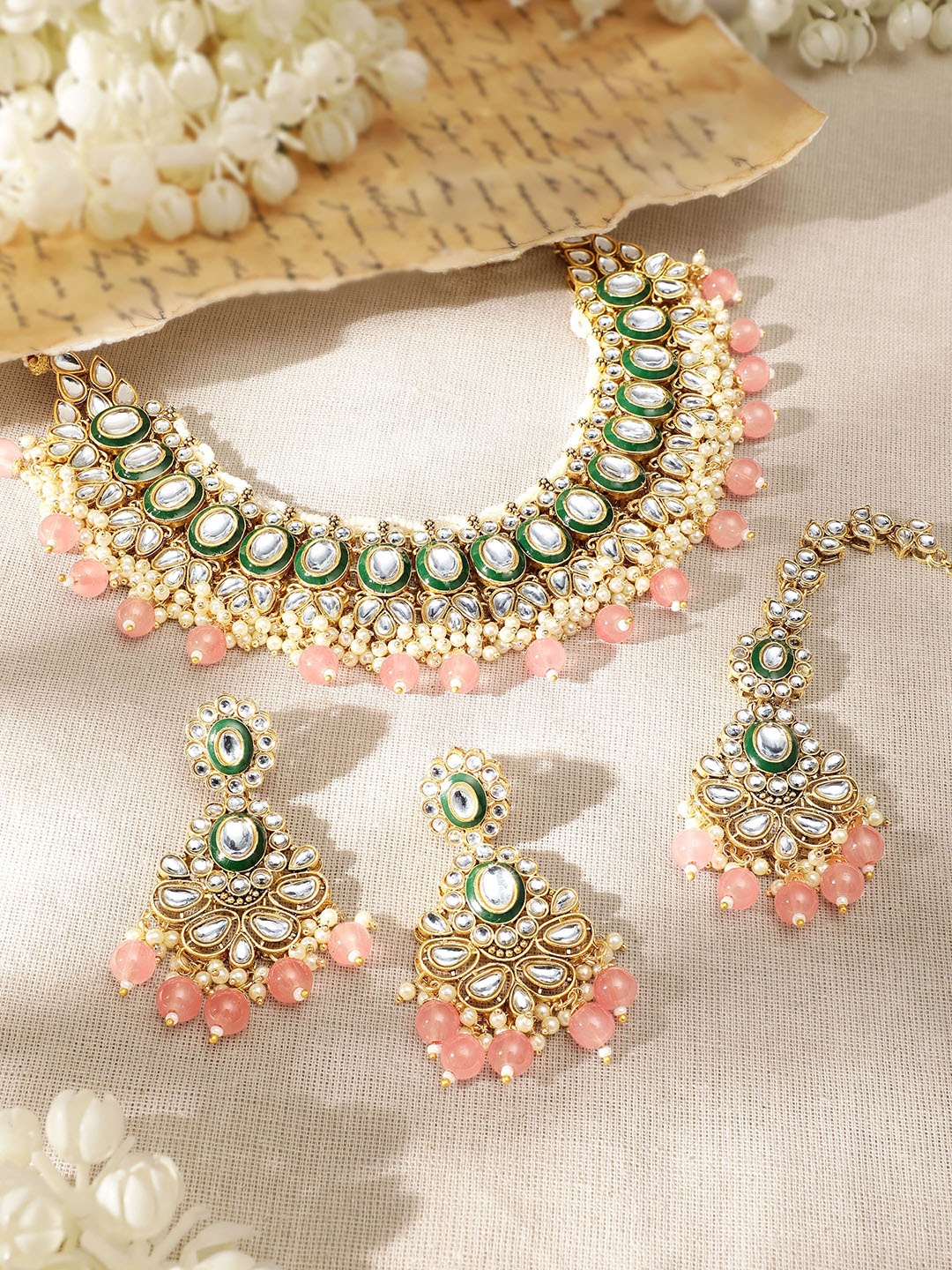

Rubans Luxe 22K Gold-Plated Kundan & Pearl Beaded Jewellery Set