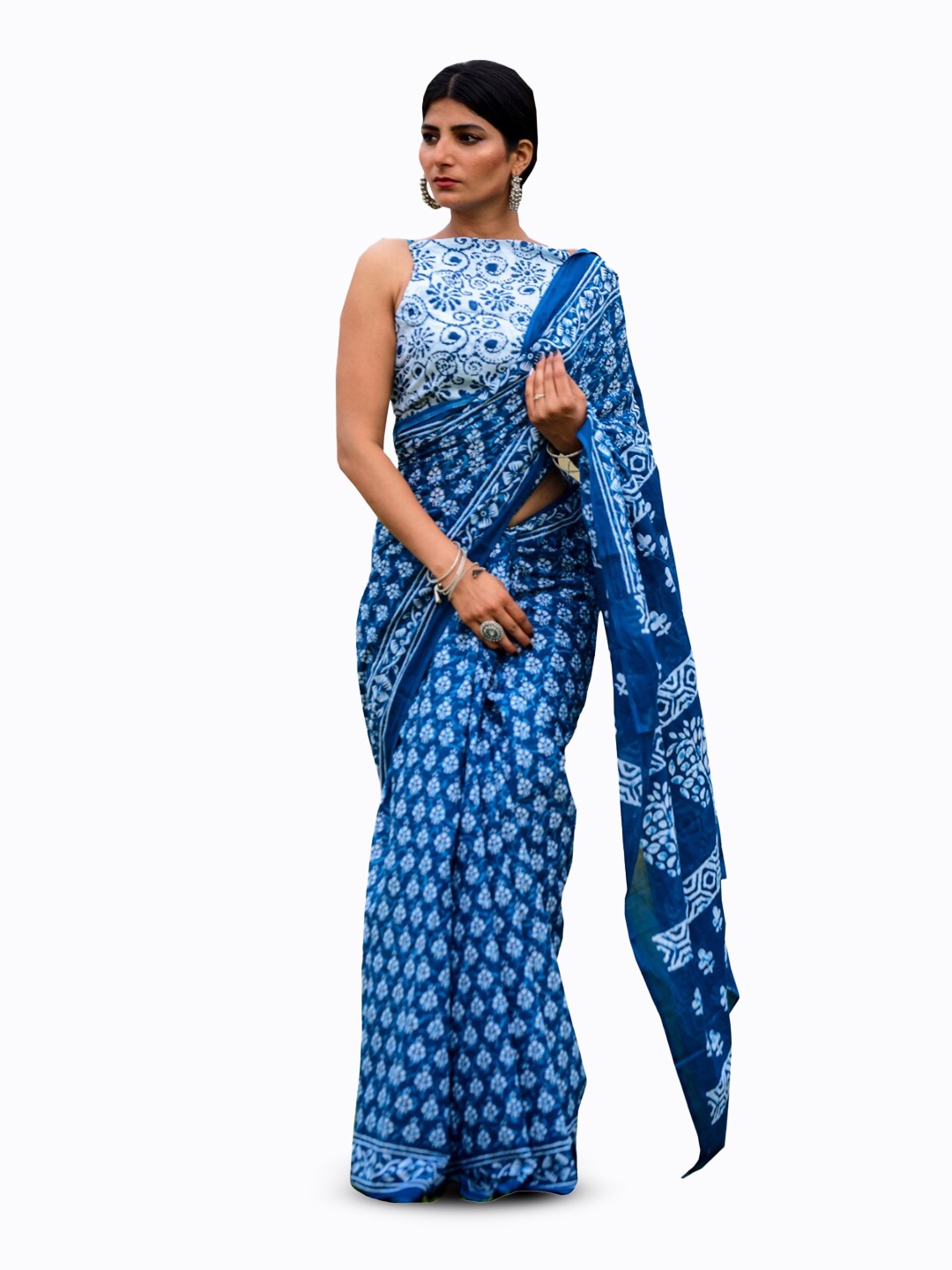 

JALTHER Floral Printed Pure Cotton Block Print Saree, Blue