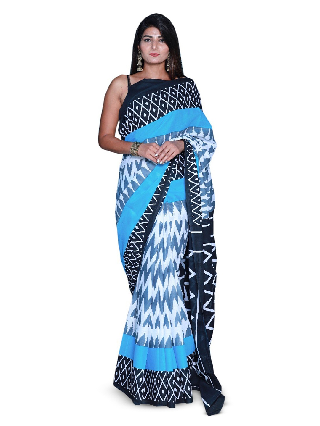 

JALTHER Geometric Pure Cotton Block Print Saree, Blue