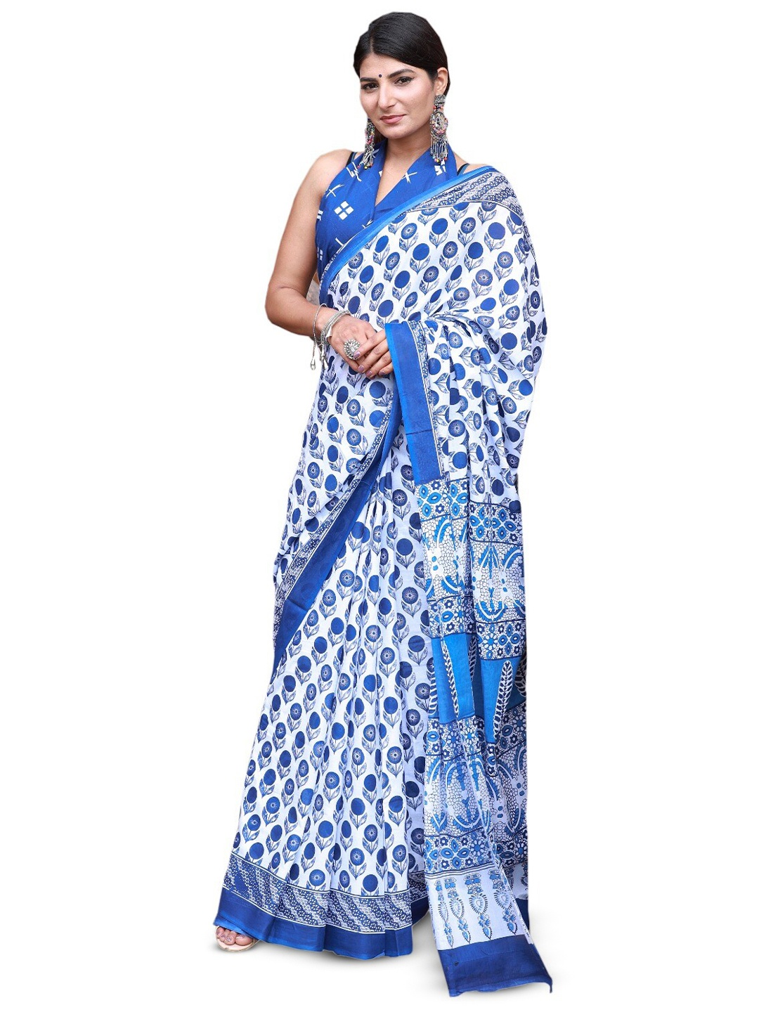 

JALTHER Floral Block Print Pure Cotton Saree, Blue