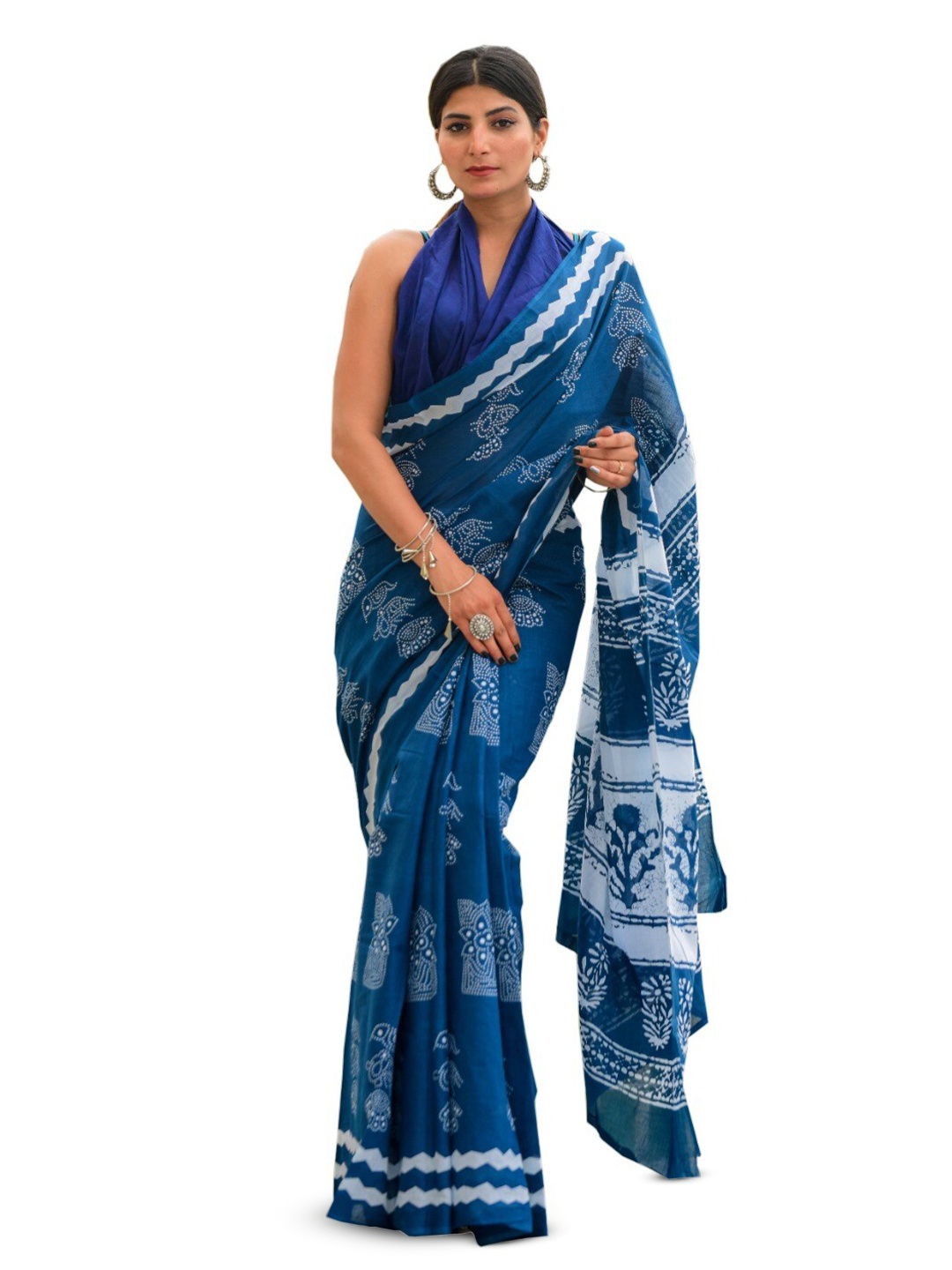 

JALTHER Ethnic Motifs Pure Cotton Block Print Saree, Blue