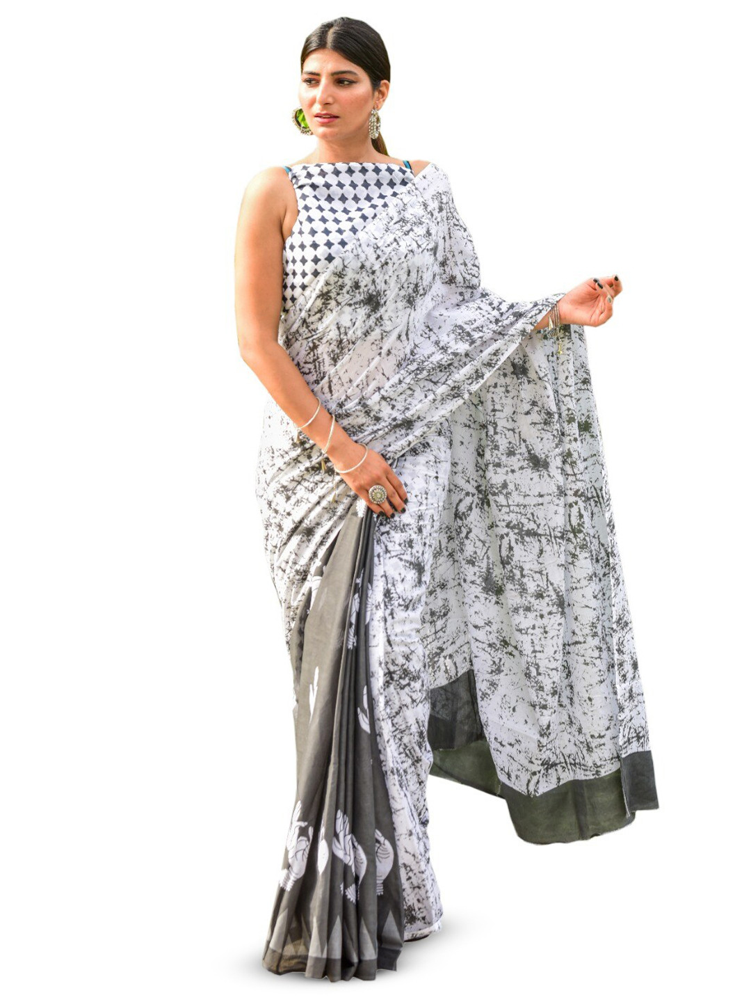 

JALTHER Abstract Block Print Pure Cotton Saree, Grey