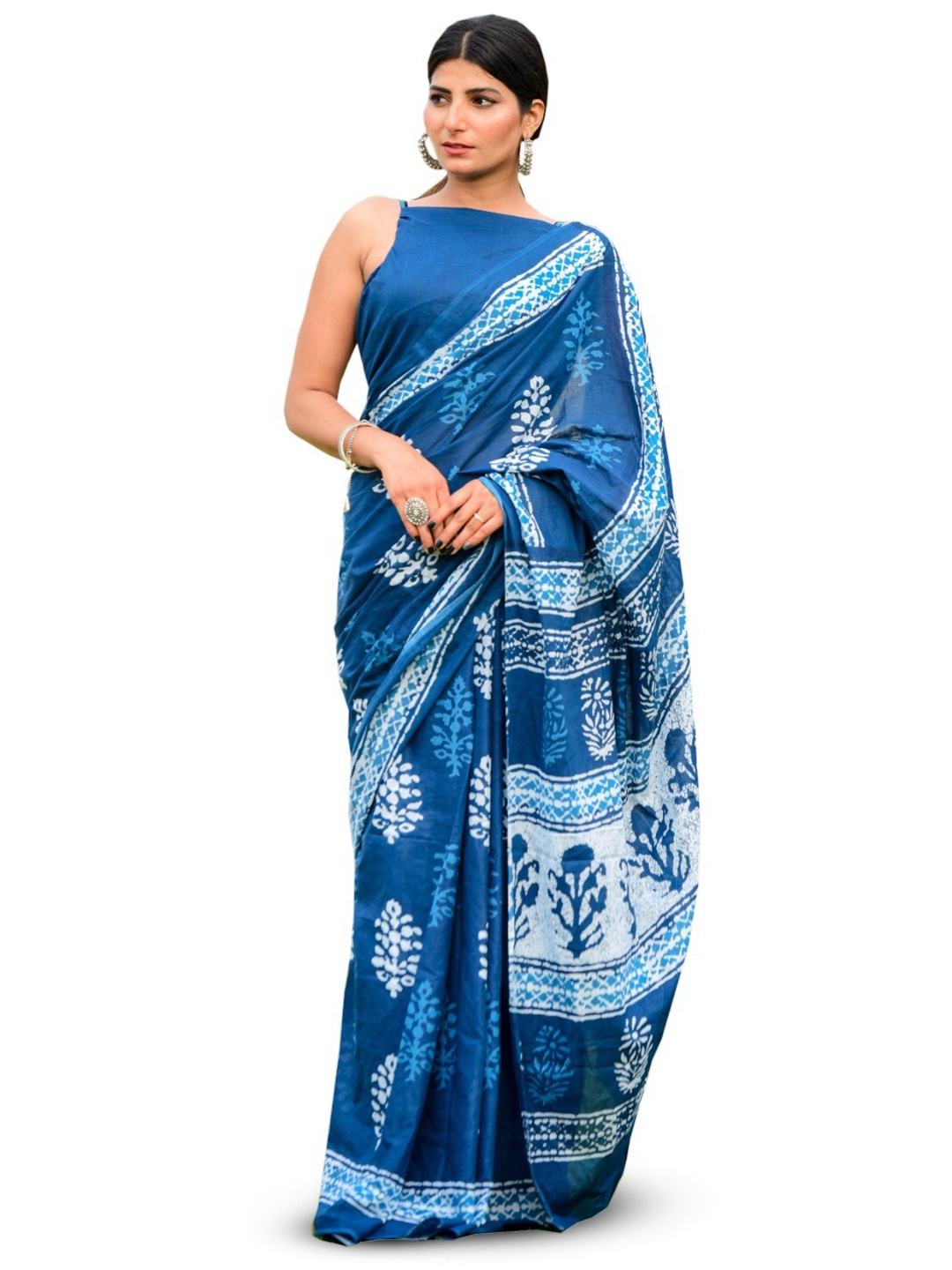 

JALTHER Ethnic Motifs Block Print Pure Cotton Saree, Blue