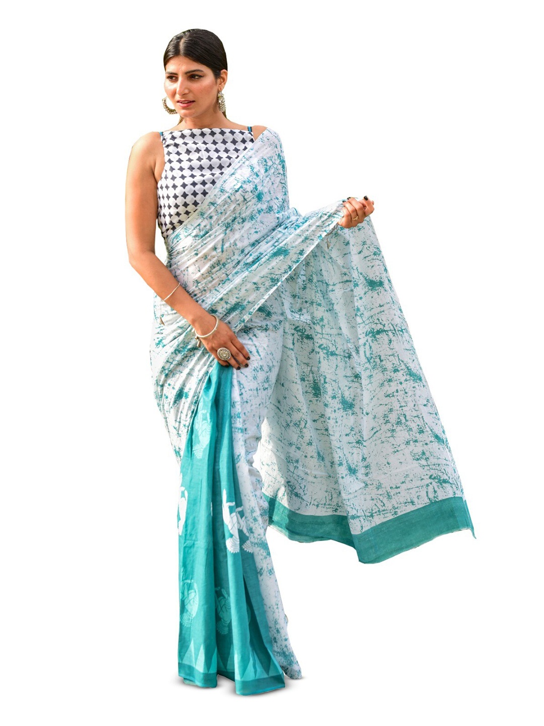 

JALTHER Tie and Dye Pure Cotton Block Print Saree, Green