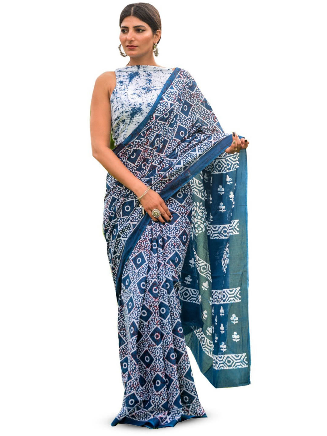 

JALTHER Ethnic Motifs Pure Cotton Block Print Saree, Blue