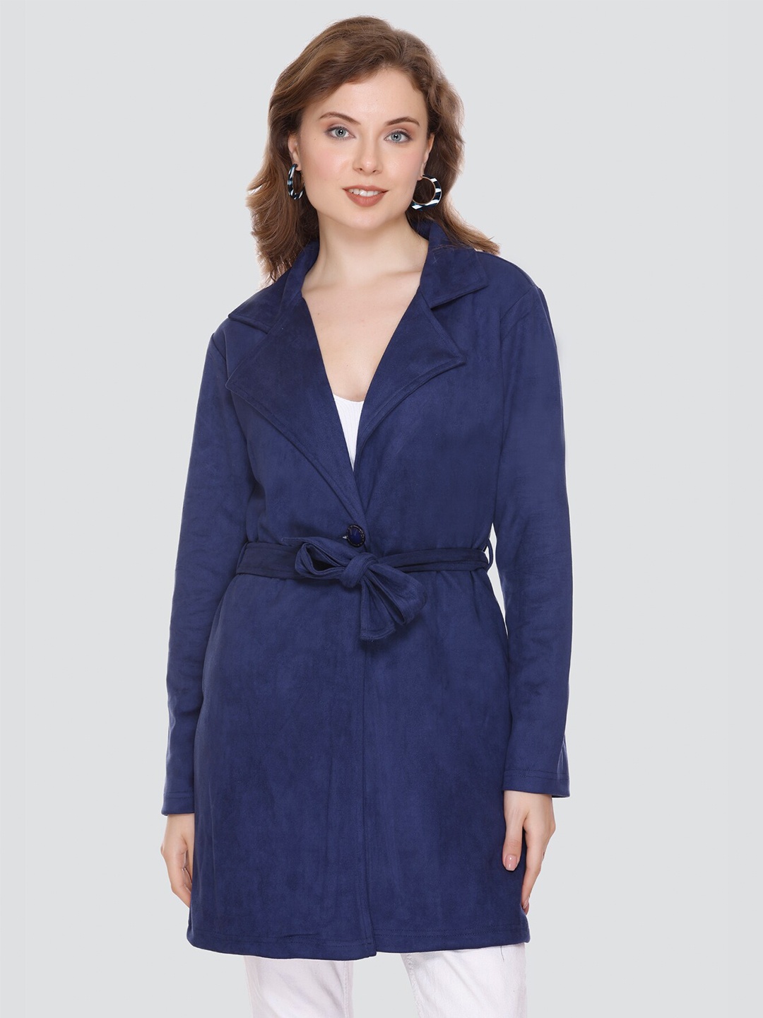 

CUSHYBEE Notched Lapel Collar Suede Tie-Up Overcoat, Navy blue