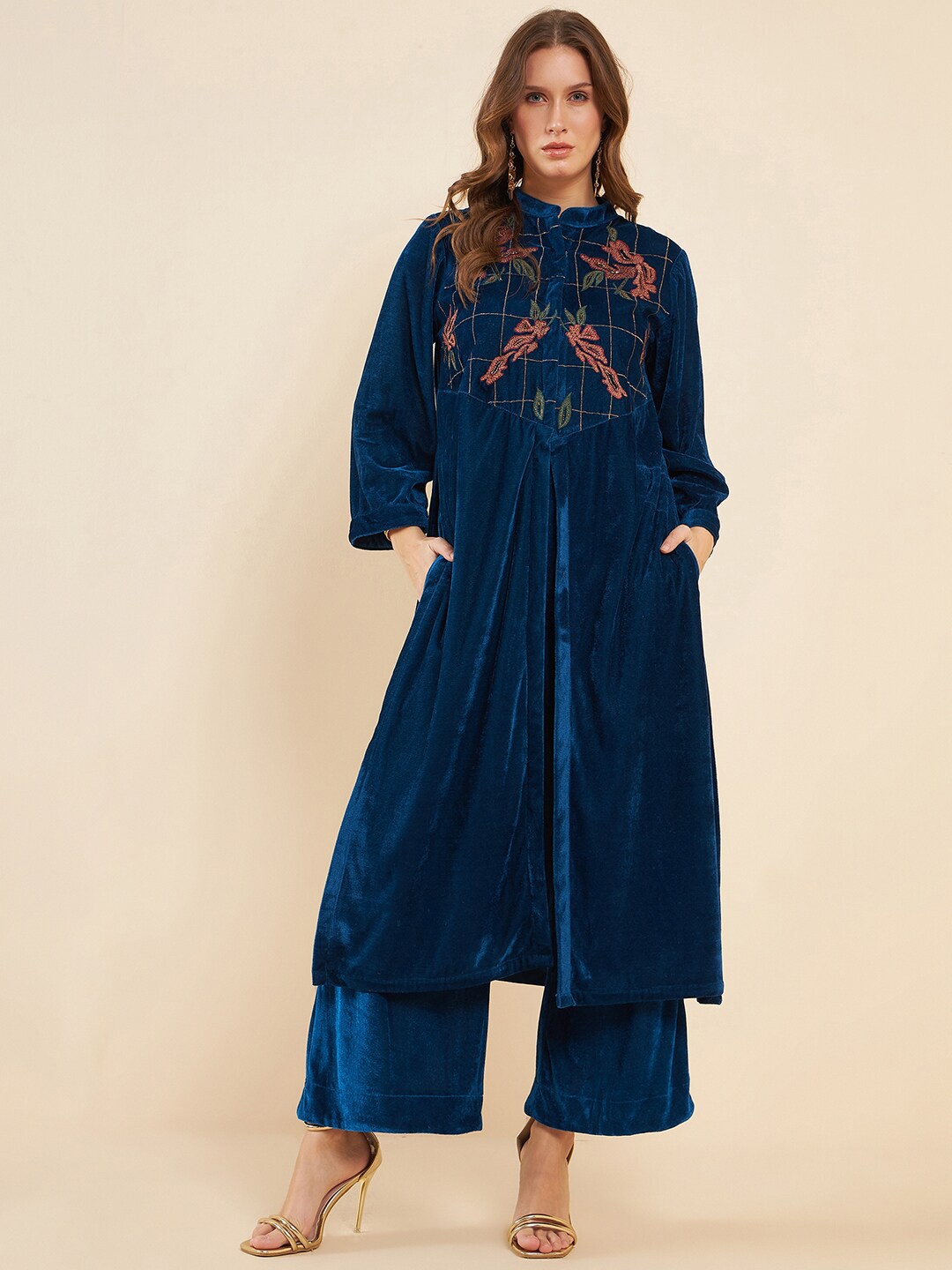 

Antheaa Navy Blue Ethnic Motifs Yoke Design Thread Work Velvet A-Line Kurta With Palazzo