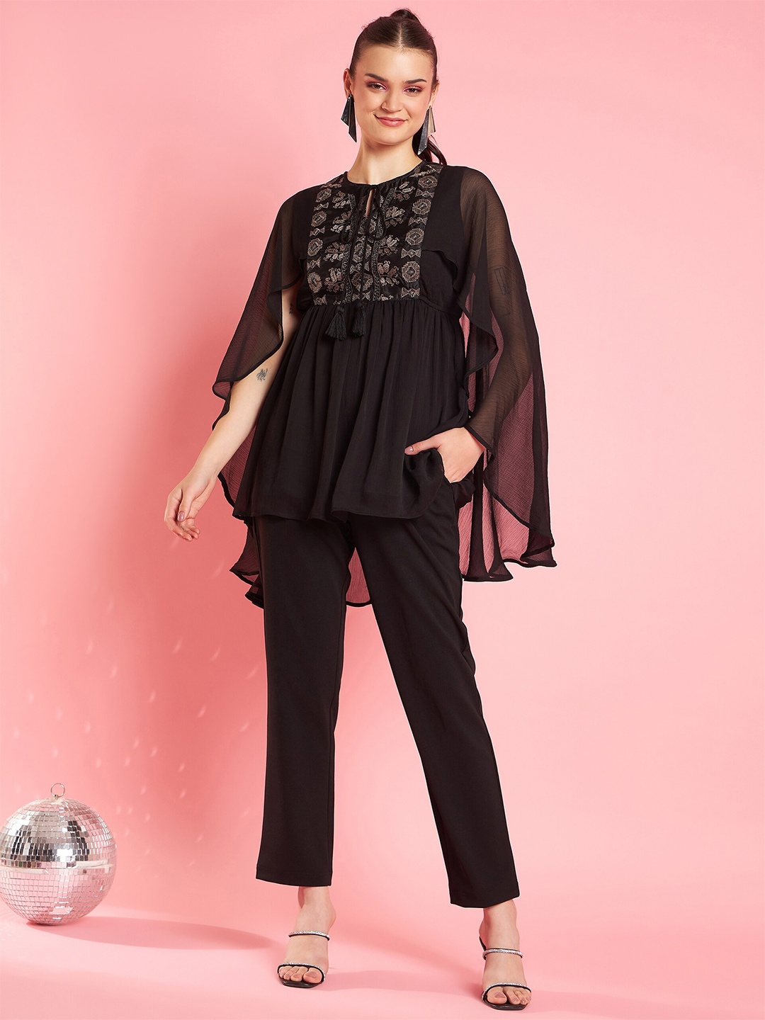 

Antheaa Black Embroidered Tie-Up Neck Long Sleeves Top With Trousers