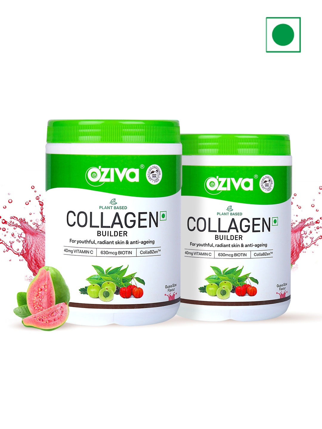 

OZiva Set Of 2 Collagen Builder For Brighter Skin - 250g Each - Guava, Green