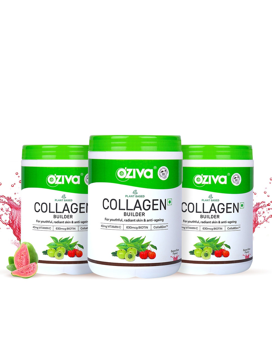 

OZiva Set Of 3 Collagen Builder For Brighter Skin - 250g Each - Guava, Green