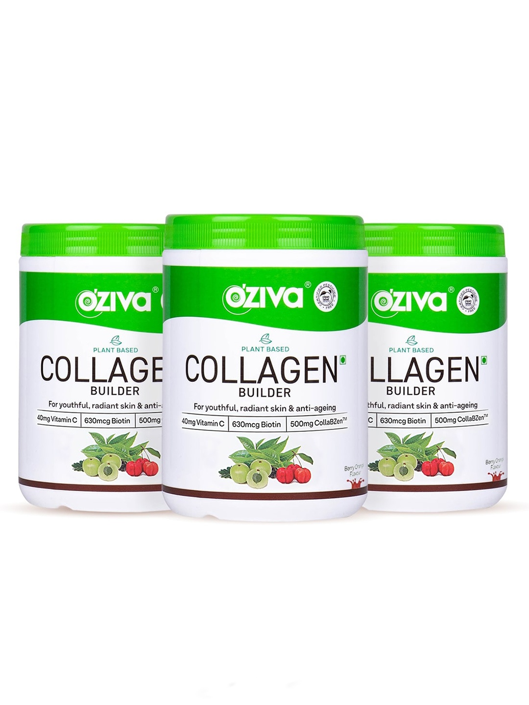 

OZiva 3 Pcs Plant Based Collagen Builder For Brighter Skin Tone- Berry Orange - 250g Each, Green